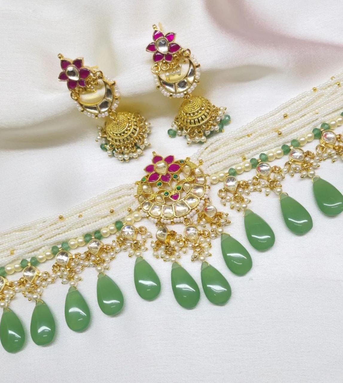 pachi kundan necklace set with earrings and tikka/ pachi kundan jewellery set