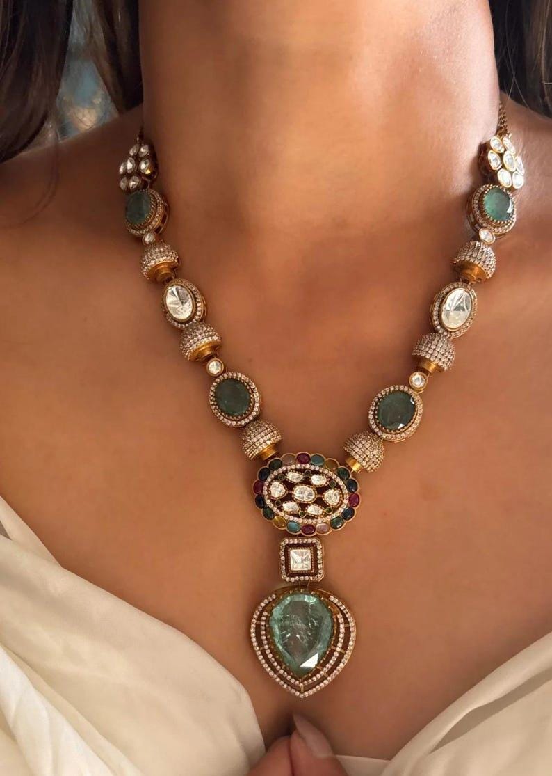 Inspired Long Antique Victorian Gold Uncut Moissanite Polki Emerald Green Mint Necklace premium kundan set with Earrings Indian