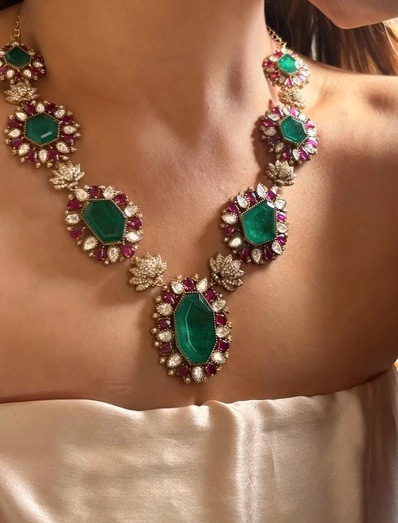 Green Red Victorian Doublet polki diamond Necklace set ,Bollywood Sabyasachi Designer necklace Indian jewellery