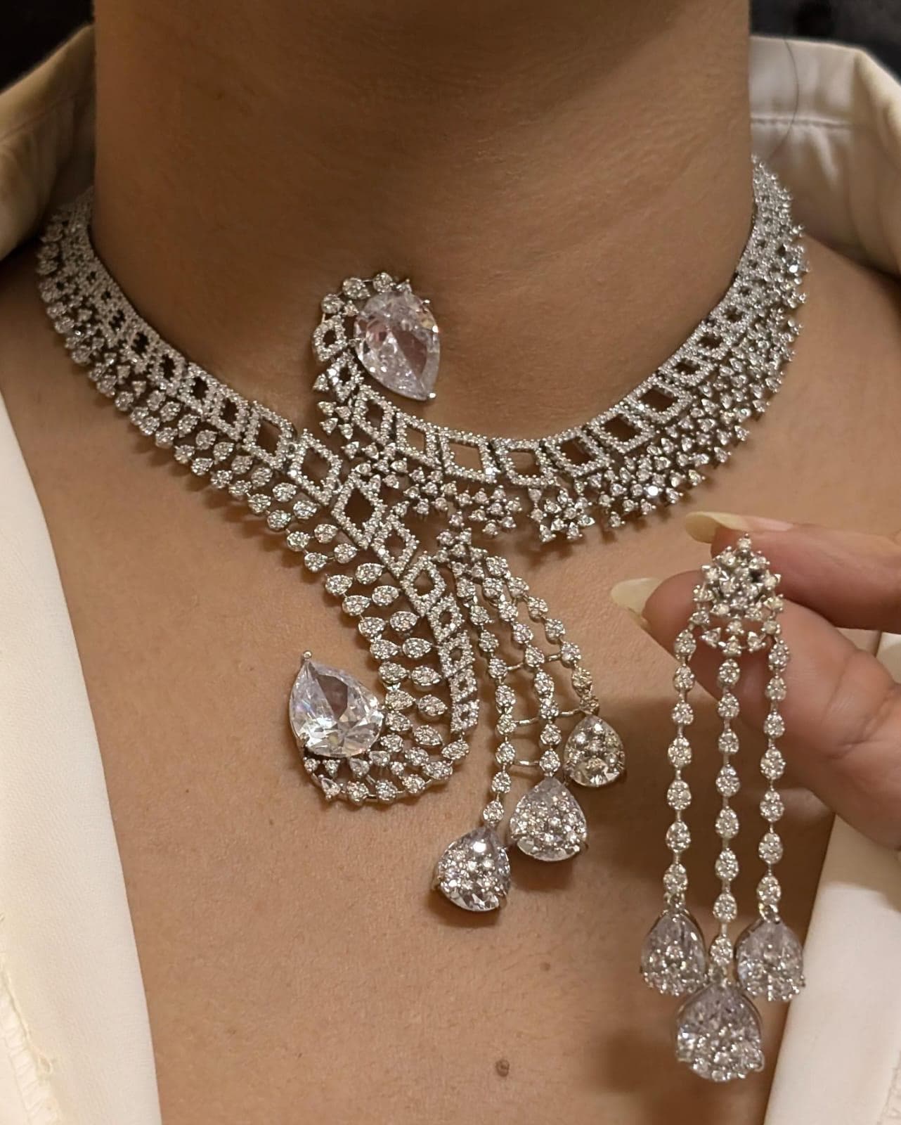 American diamond statement necklace set with earrings/ diamond jewelry set/ ad necklace set