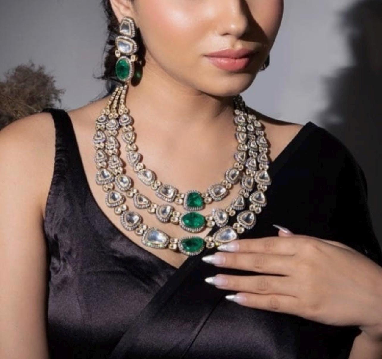 Premium Victorian 3 Layered Uncut Faux Moissanite Polki Kundan Emerald Green Doublet Diamond Long Necklace Earrings,Sabyasachi Inspired