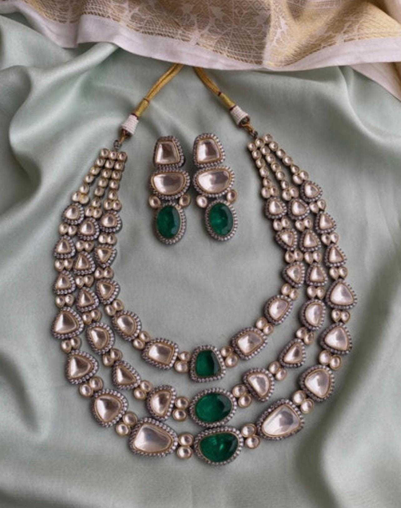 Premium Victorian 3 Layered Uncut Faux Moissanite Polki Kundan Emerald Green Doublet Diamond Long Necklace Earrings,Sabyasachi Inspired