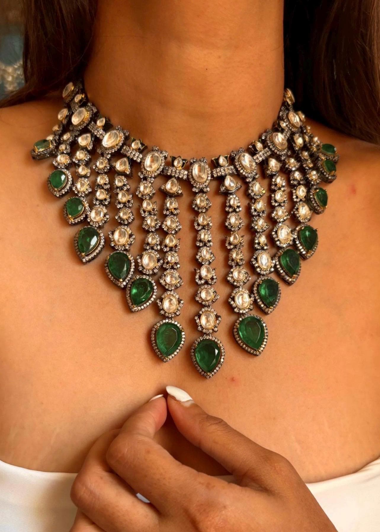 Emerald Victorian Moissanite Kundan Necklace, Sabyasachi necklace, Indian Jewelry, Pakistani Jewelry, Wedding necklace, Bridal necklace