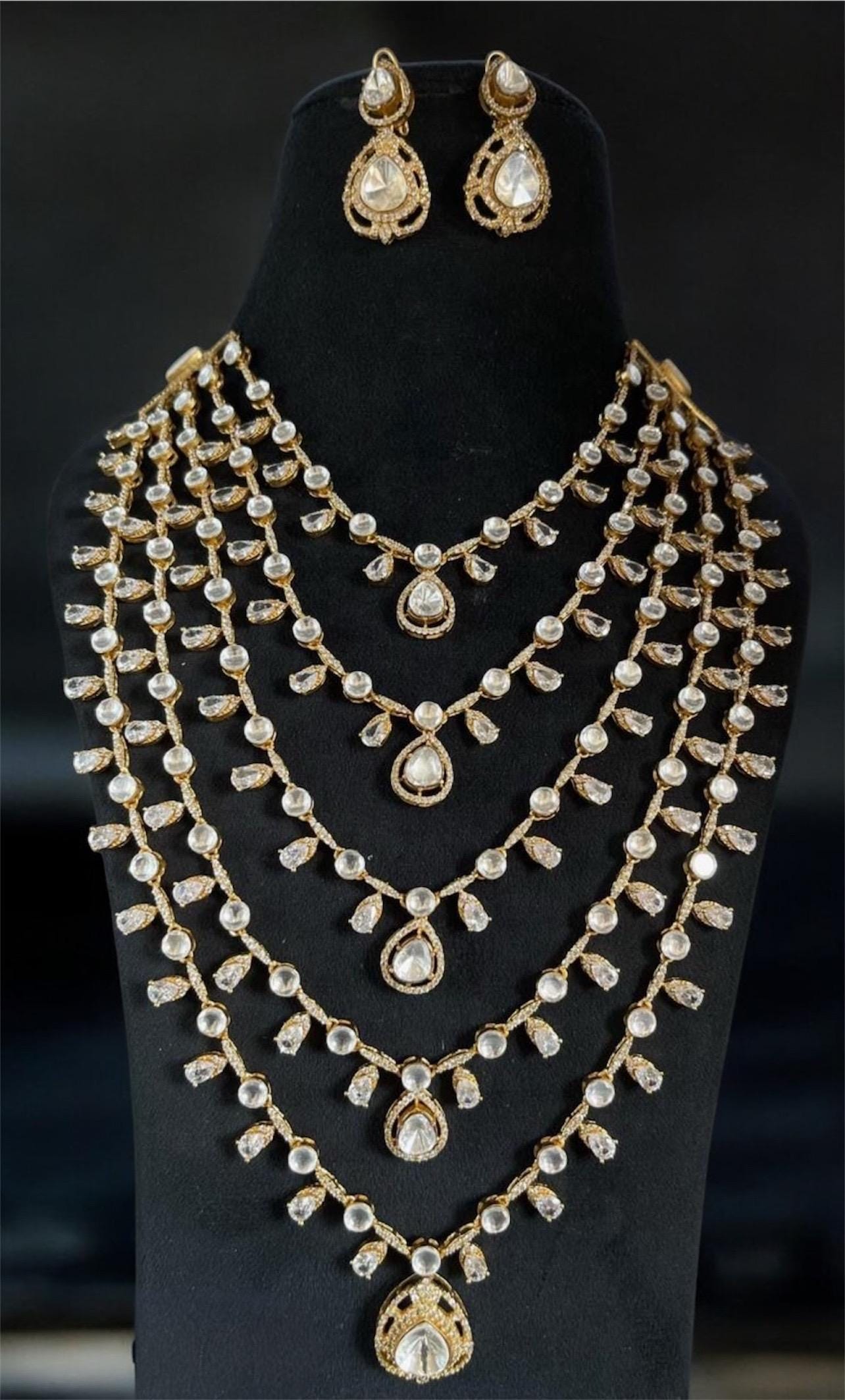 Moissanite Polki layered Necklace with earrings,Indian jewelry,Wedding jewelry,Statement necklace,Pakistani jewery,Bollywood,Sabyasachi set