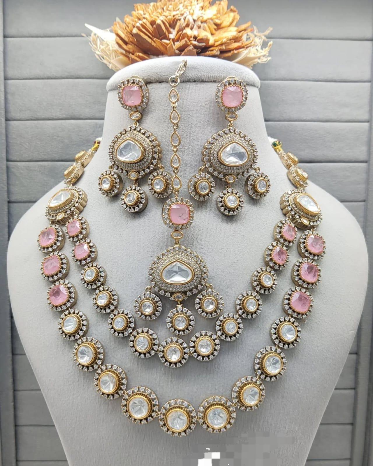 Real mossanite double layered doublets stones necklace set with earrings and tikka/ double layered ad necklace set