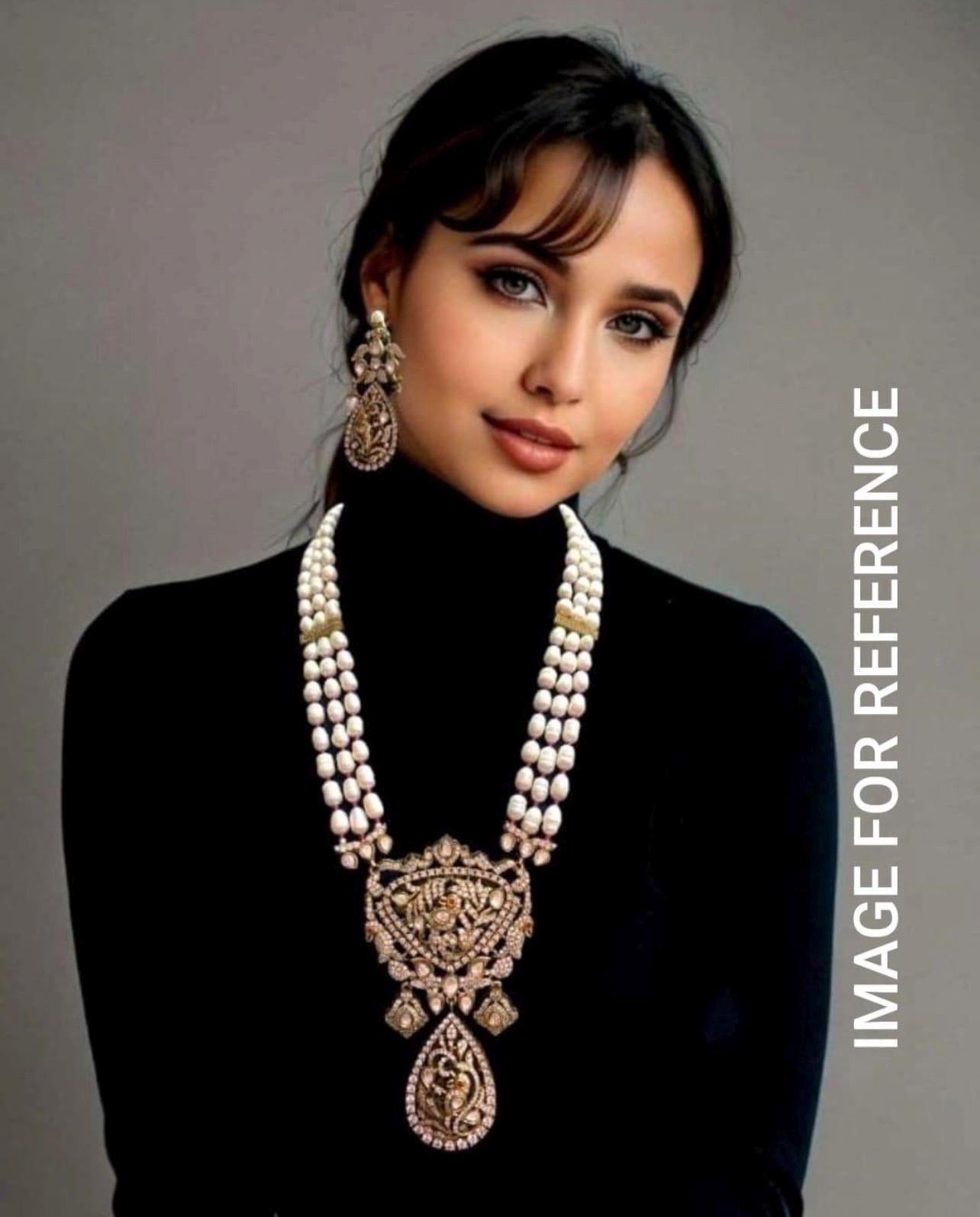 Premium Amrapali Jewelry Inspired Long Victorian Dual Tone Victorian Uncut Moissanite Polki kundan Fresh Water Pearl Necklace Set Punjabi