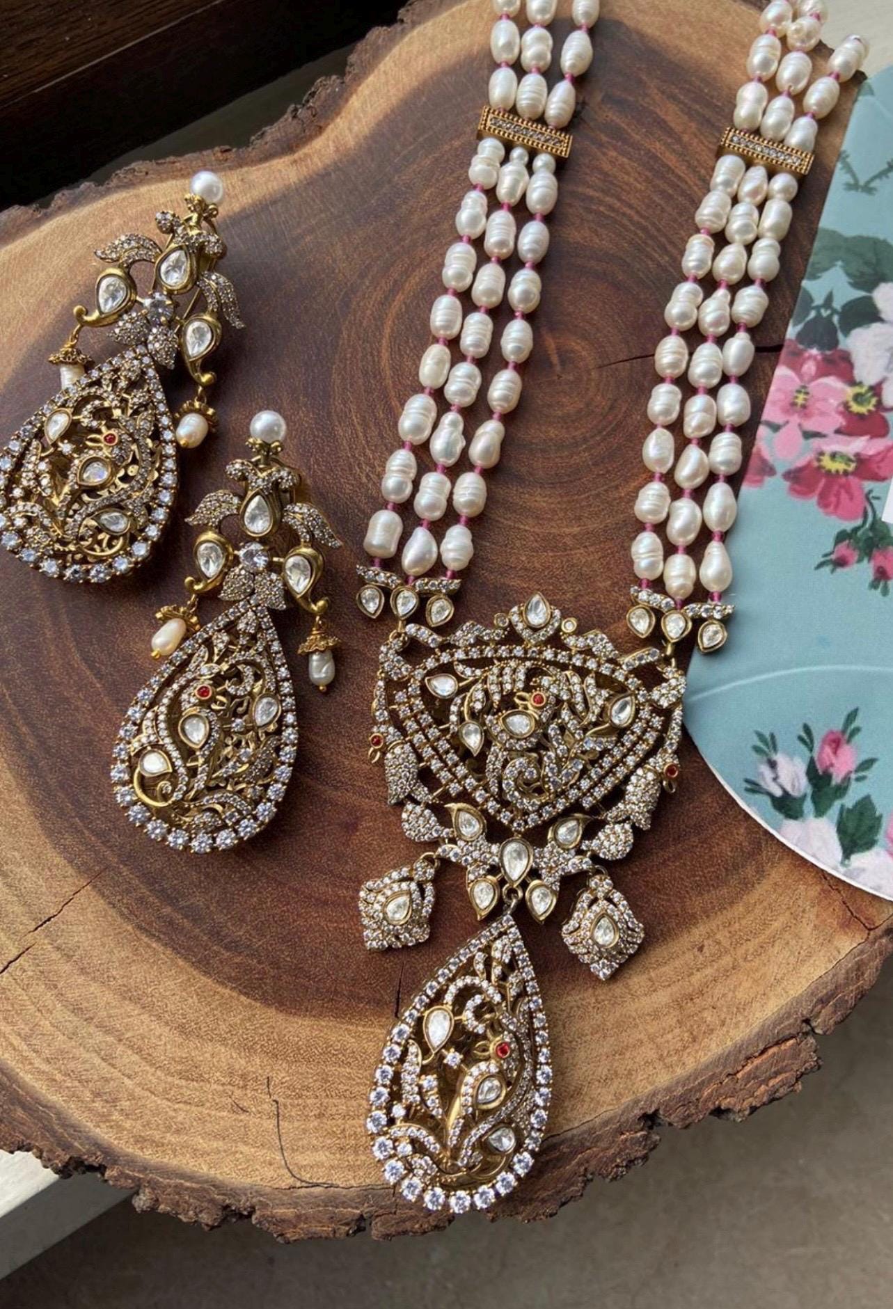 Premium Amrapali Jewelry Inspired Long Victorian Dual Tone Victorian Uncut Moissanite Polki kundan Fresh Water Pearl Necklace Set Punjabi