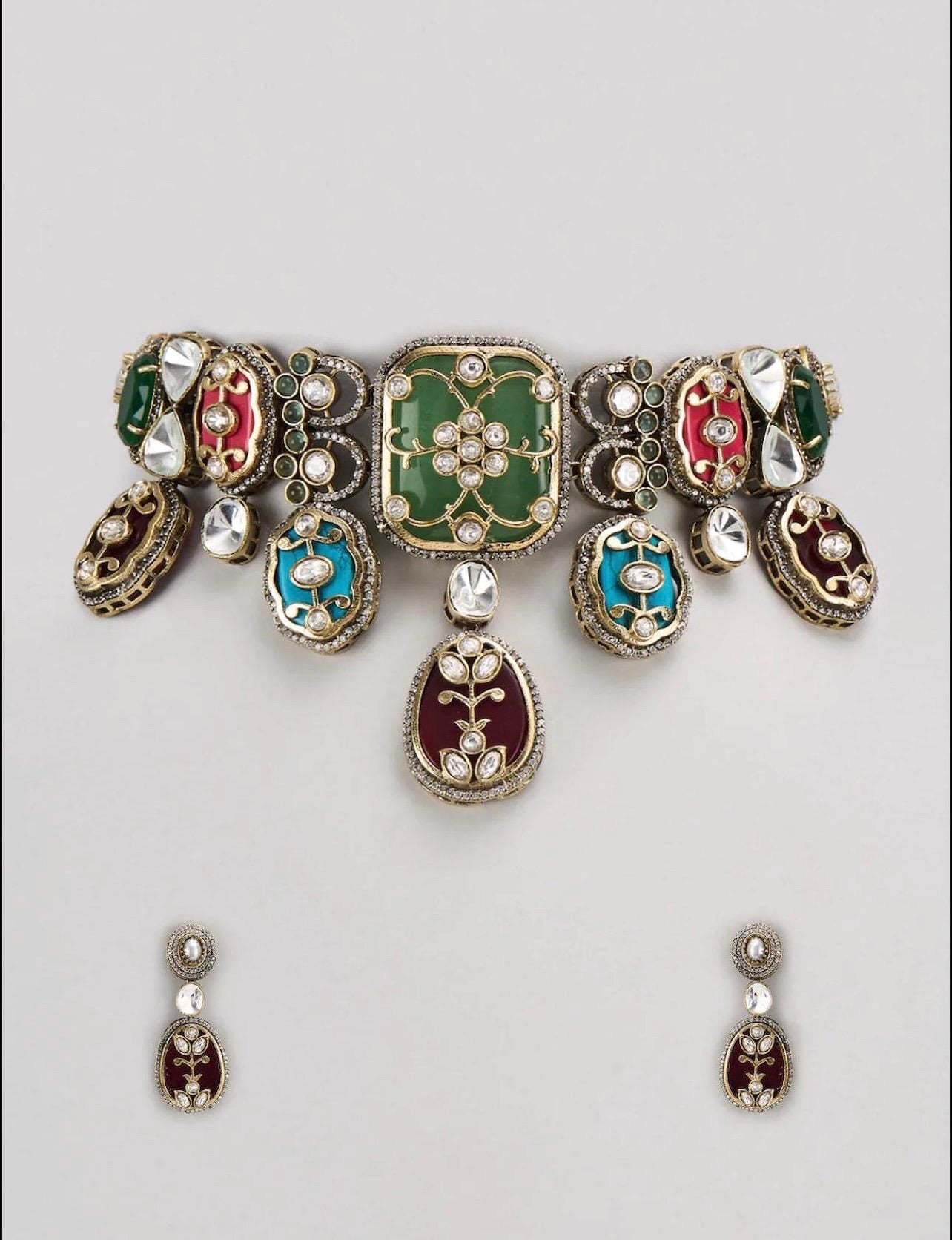 Premium Amrapali Inspired Victorian Gold Multi color Uncut Faux Polki Kundan Necklace With Earrings Indian Pakistani Designer Jewelry OOAK