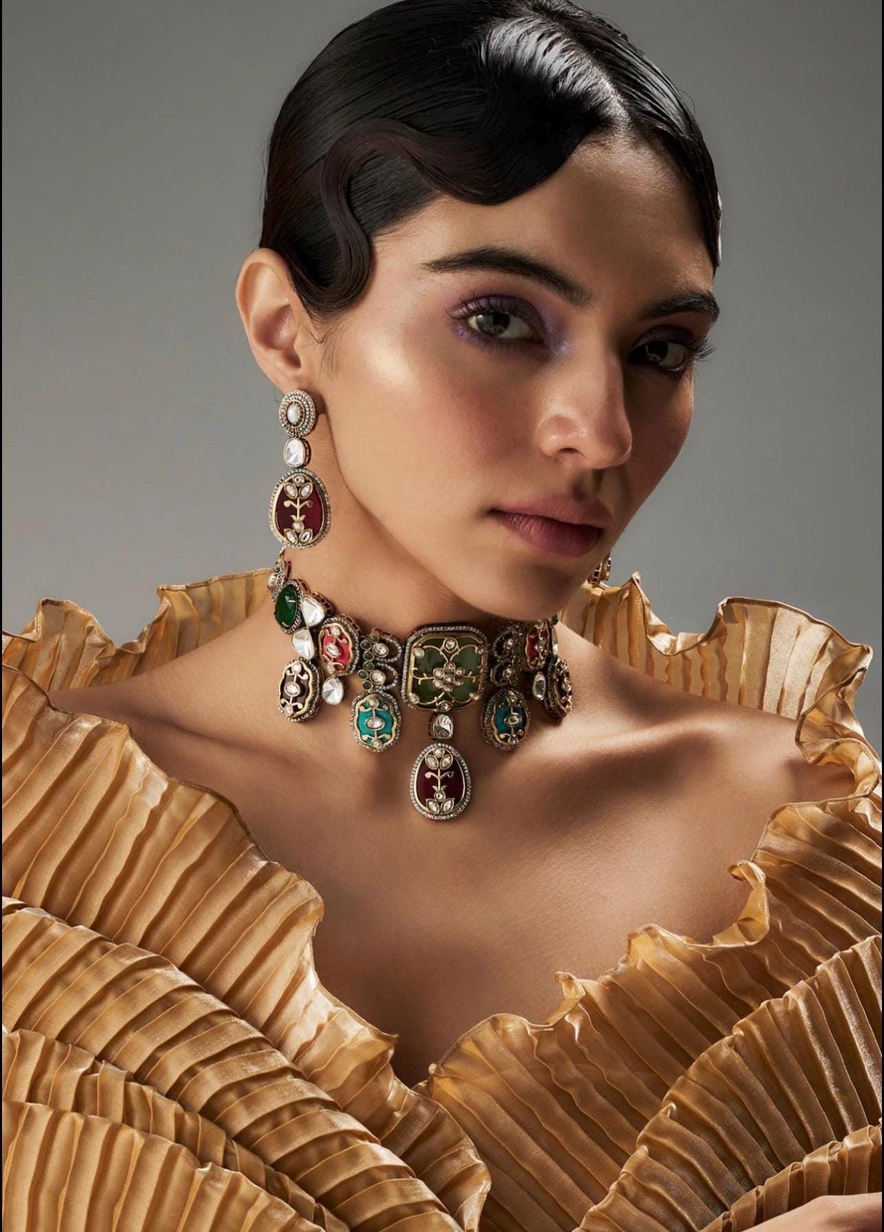 Premium Amrapali Inspired Victorian Gold Multi color Uncut Faux Polki Kundan Necklace With Earrings Indian Pakistani Designer Jewelry OOAK