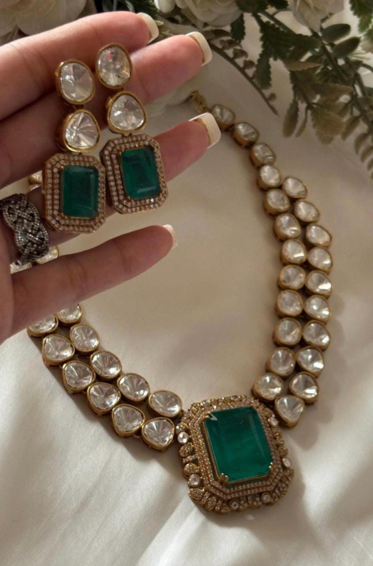 Peach orange Emerald Green Victorian Doublet Stone Moissanite Polki Wedding Jewelry Necklace Set with Earings,Statement Sabyasachi necklace