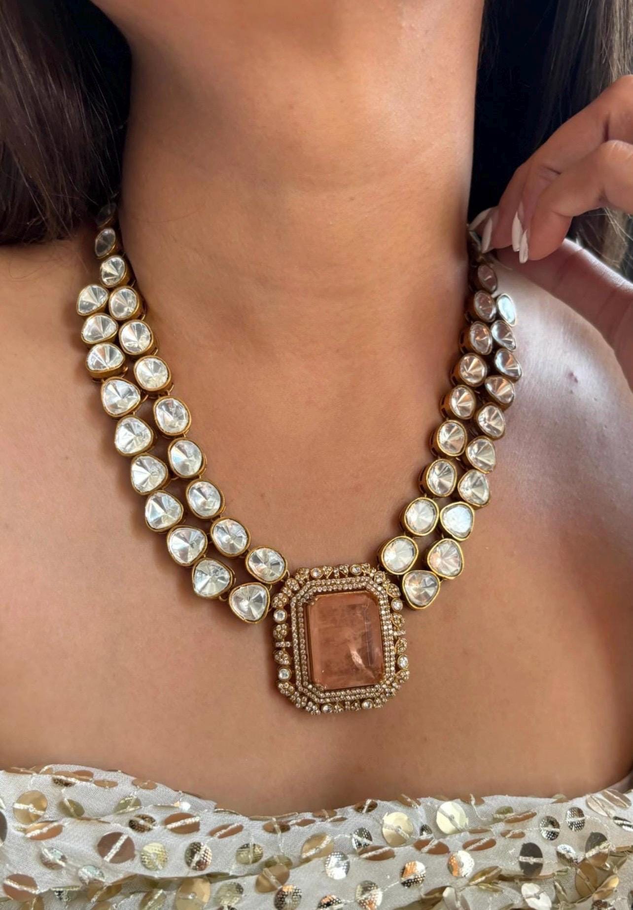 Peach orange Emerald Green Victorian Doublet Stone Moissanite Polki Wedding Jewelry Necklace Set with Earings,Statement Sabyasachi necklace