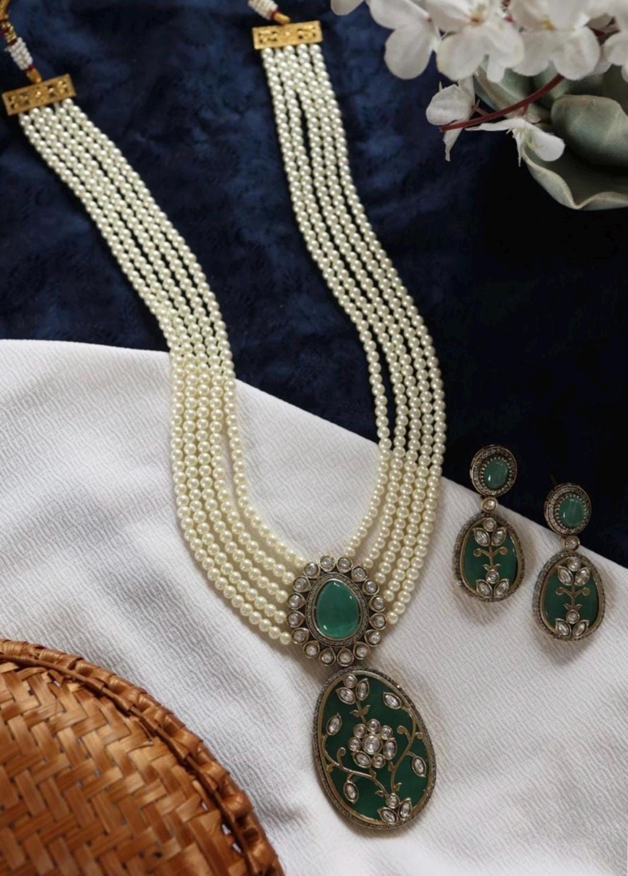 Premium Long Multilayered Victorian Mint Pearl White Pendant Necklace Set With statement Earrings Sabysachi Jewelry set