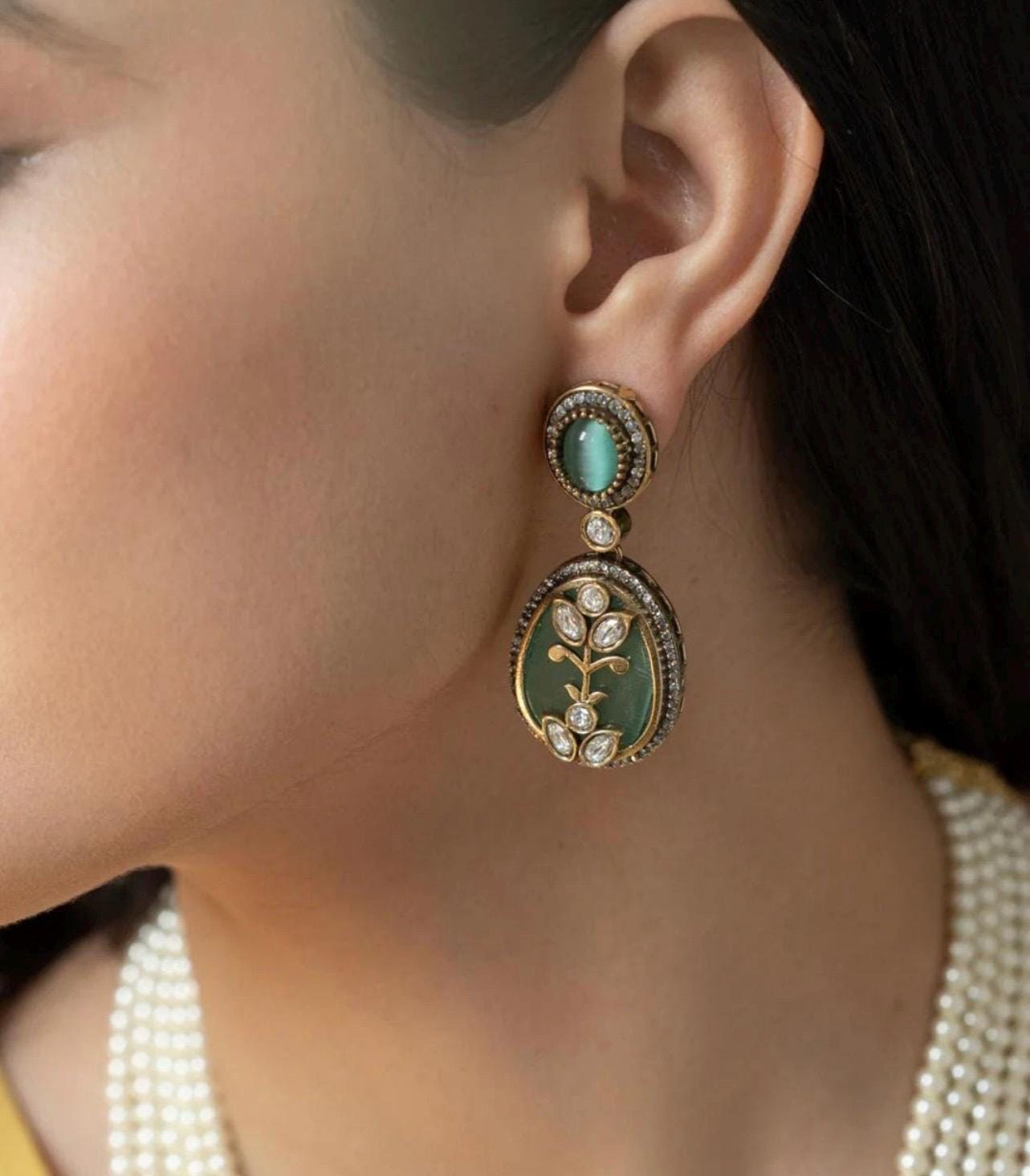 Premium Long Multilayered Victorian Mint Pearl White Pendant Necklace Set With statement Earrings Sabysachi Jewelry set