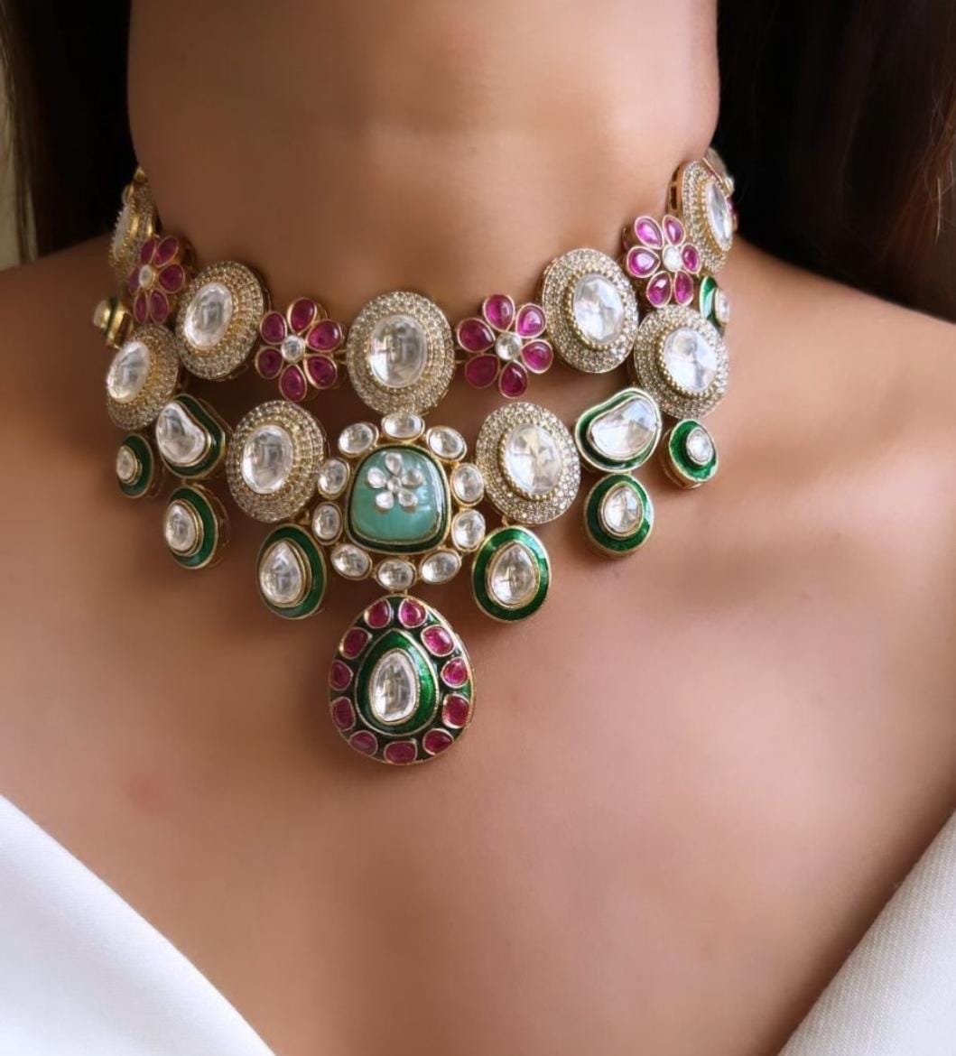 Moissanite Polki Necklace with earrings and tikka,Indian jewelry,Wedding jewelry,Statement necklace,Emerald jewelry,Pakistani jewelry