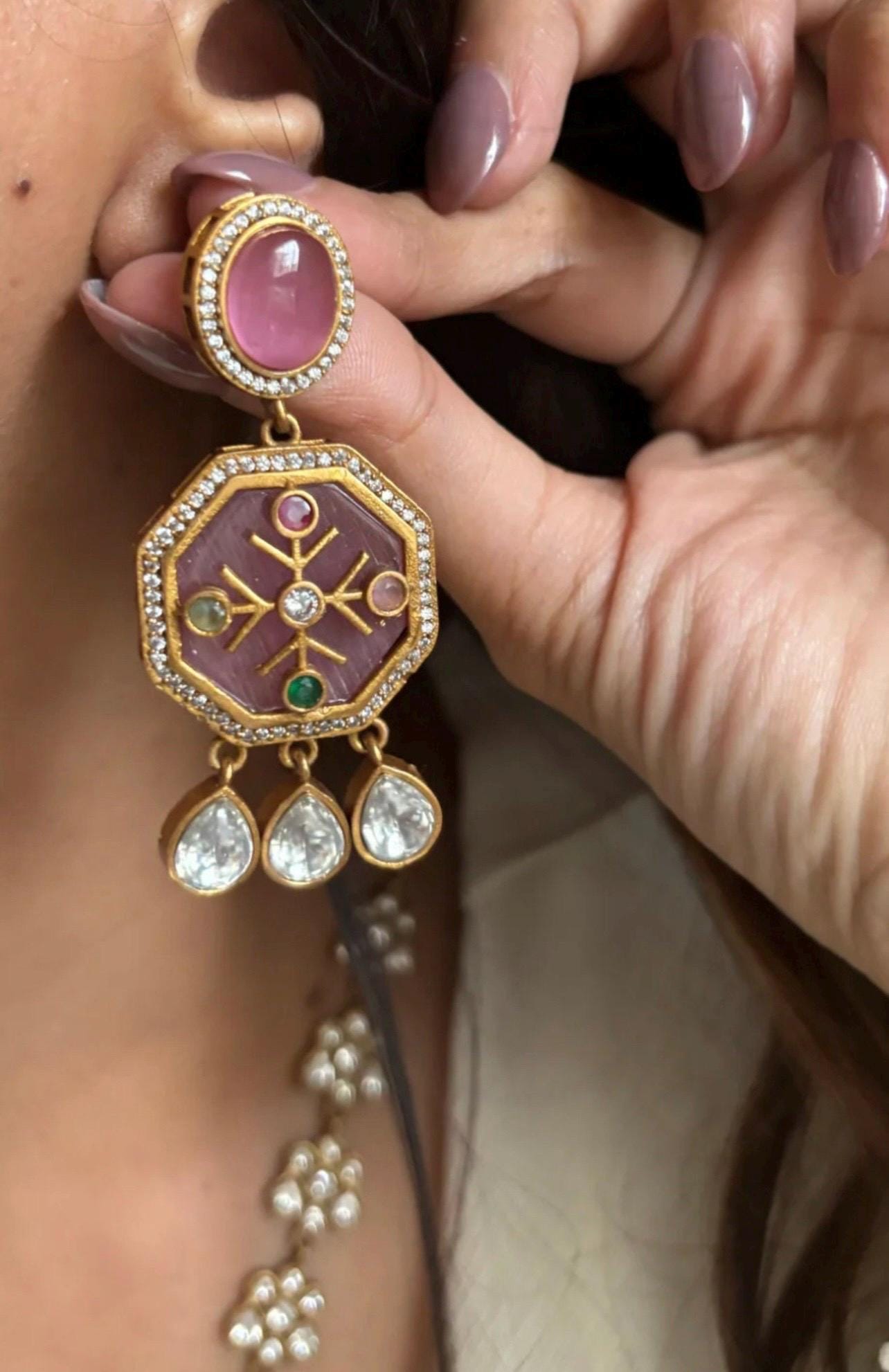 Pink Premium gold plated Kundan silver foil Mala Necklace/Long Necklace/Indian Jewelry/Pendent Set/Rani haar/Bridal Necklace/Indian Wedding