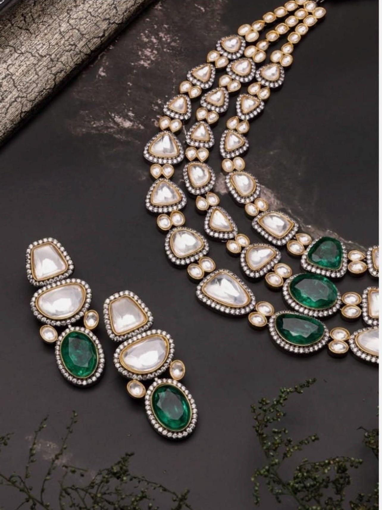 Premium Victorian 3 Layered Uncut Faux Moissanite Polki Kundan Emerald Green Doublet Diamond Long Necklace Earrings,Sabyasachi Inspired