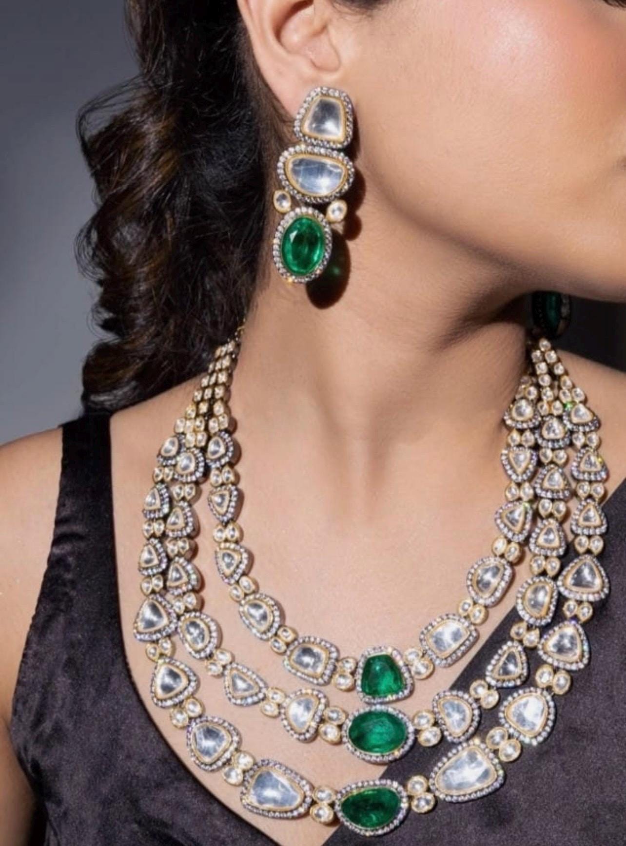 Premium Victorian 3 Layered Uncut Faux Moissanite Polki Kundan Emerald Green Doublet Diamond Long Necklace Earrings,Sabyasachi Inspired
