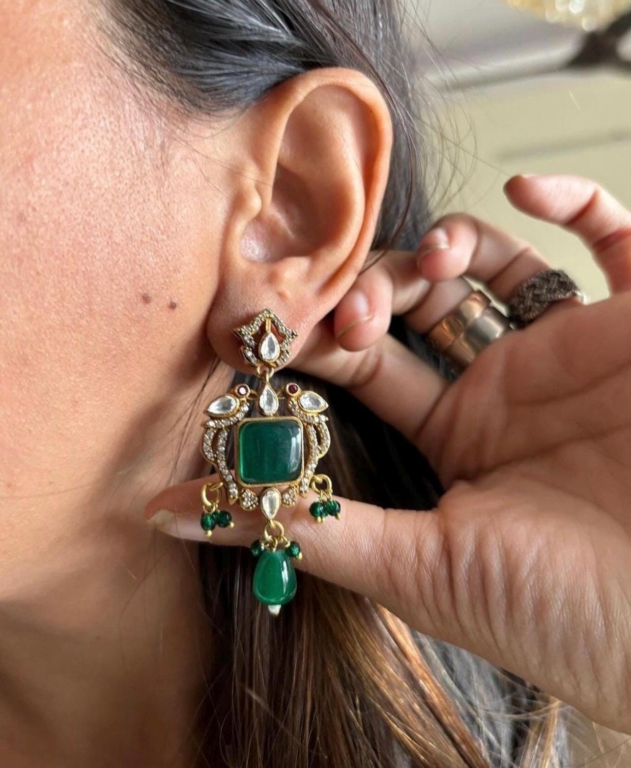 Premium Amrapali jewelry Inspired Victorian Gold long Moissanite Polki Kundan Zirconia Emerald & Ruby Elephant Motif Necklace With Earrings