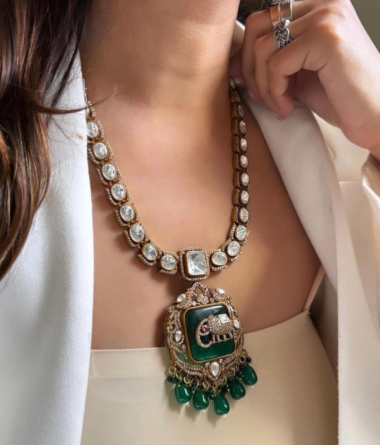 Premium Amrapali jewelry Inspired Victorian Gold long Moissanite Polki Kundan Zirconia Emerald & Ruby Elephant Motif Necklace With Earrings