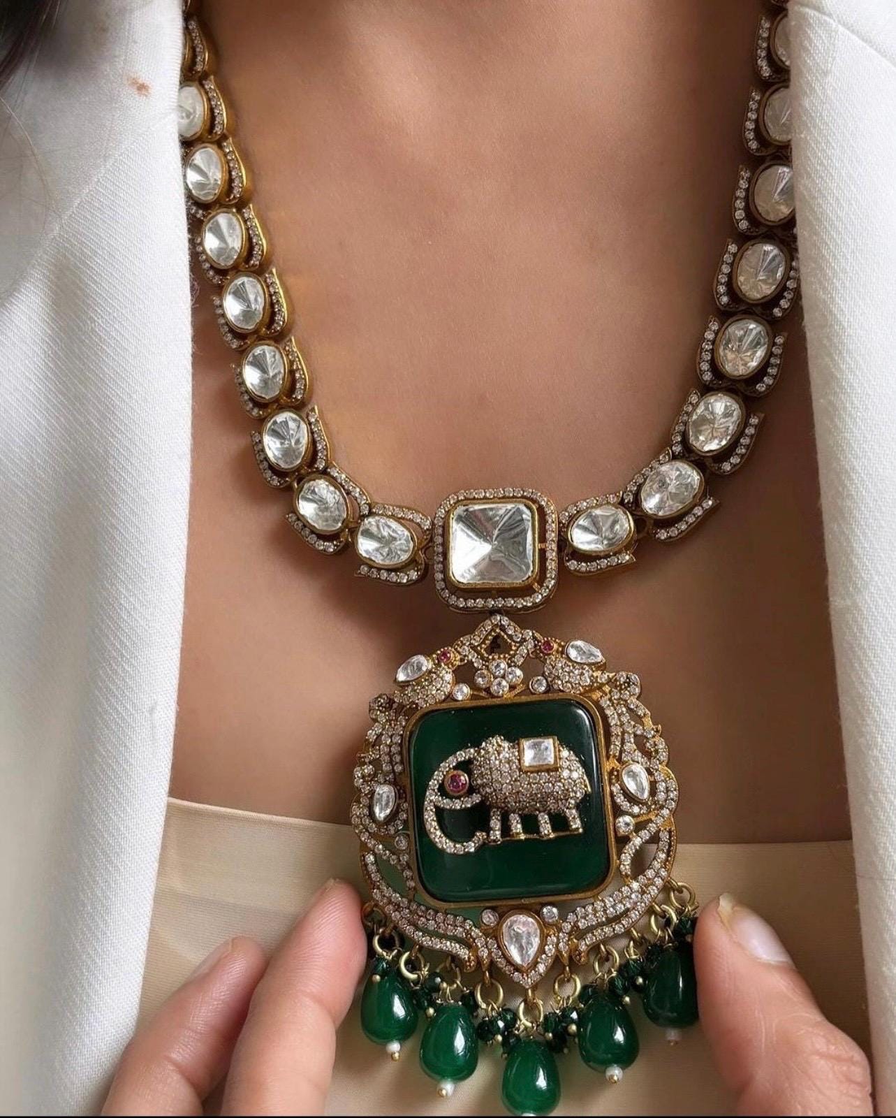 Premium Amrapali jewelry Inspired Victorian Gold long Moissanite Polki Kundan Zirconia Emerald & Ruby Elephant Motif Necklace With Earrings