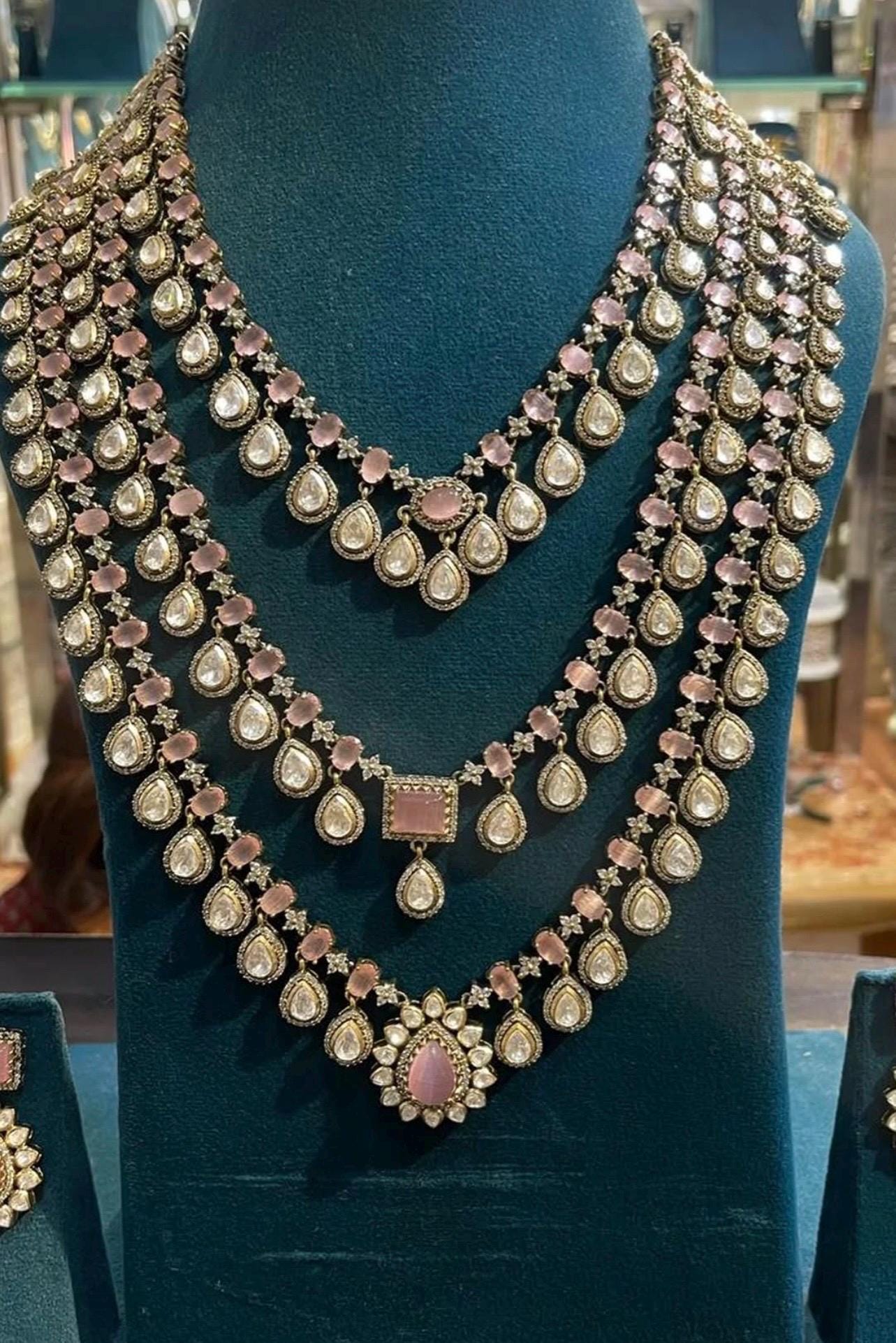 Three Layered Victorian Ruby Red/Emerald Green/Pink Two Tone Uncut Moissanite Kundan Zirconium Diamond Statement Necklace With Earring