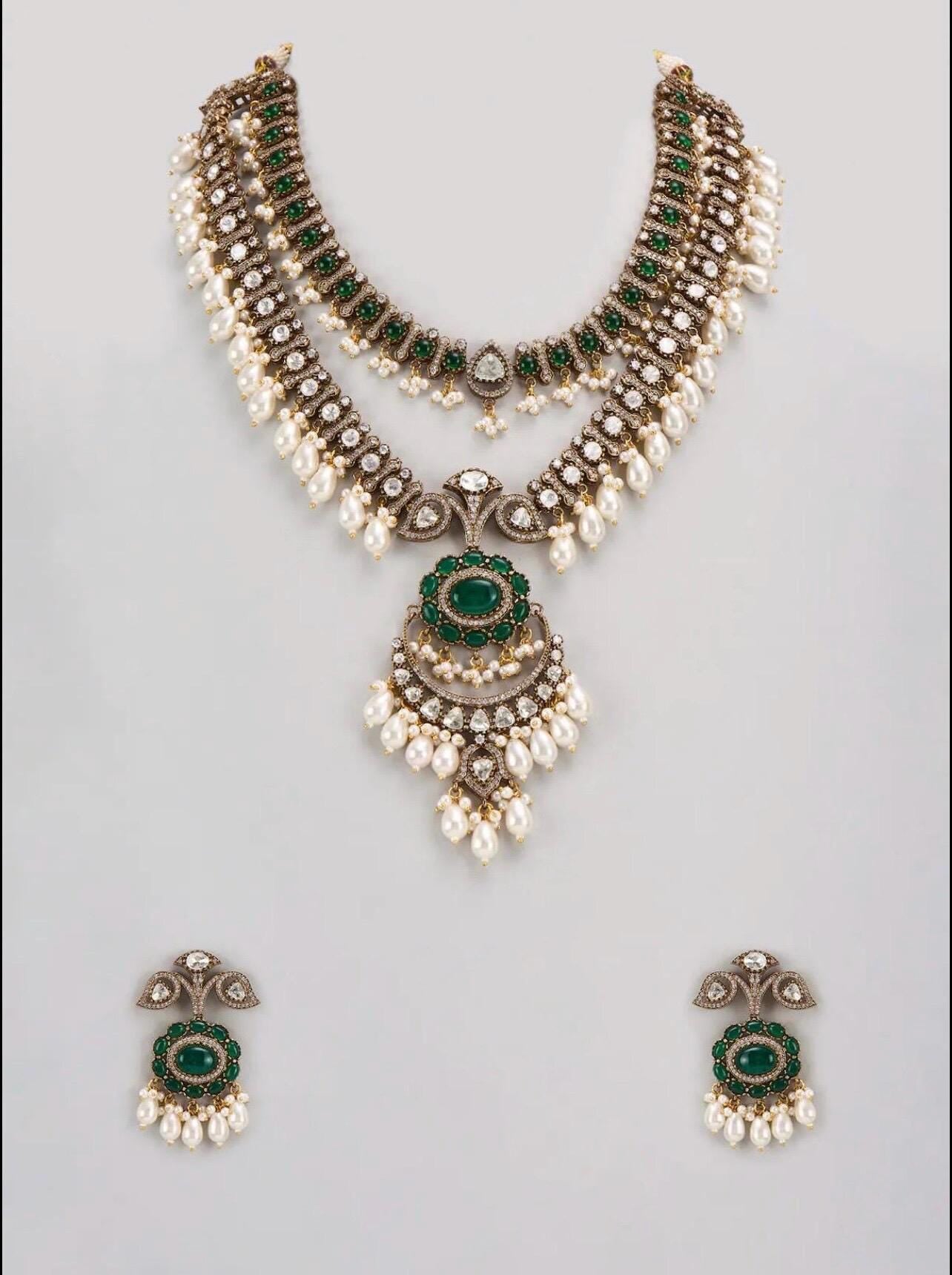 Premium Sabyasachi jewelry Inspired Victorian Moissanite Polki Kundan Zirconia Emerald & Ruby Set With Earrings/Amrapali Set/Antique Set