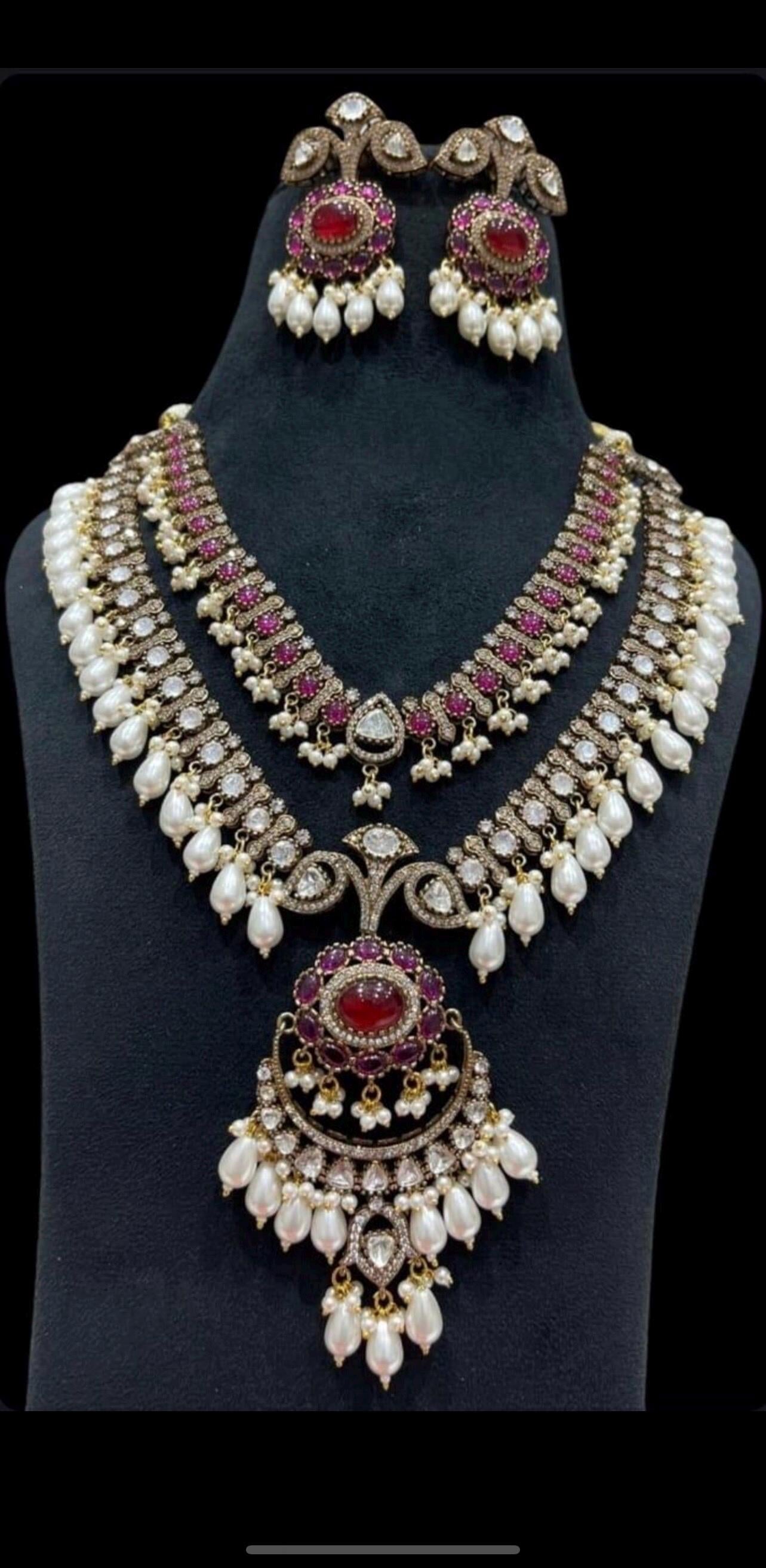 Premium Sabyasachi jewelry Inspired Victorian Moissanite Polki Kundan Zirconia Emerald & Ruby Set With Earrings/Amrapali Set/Antique Set