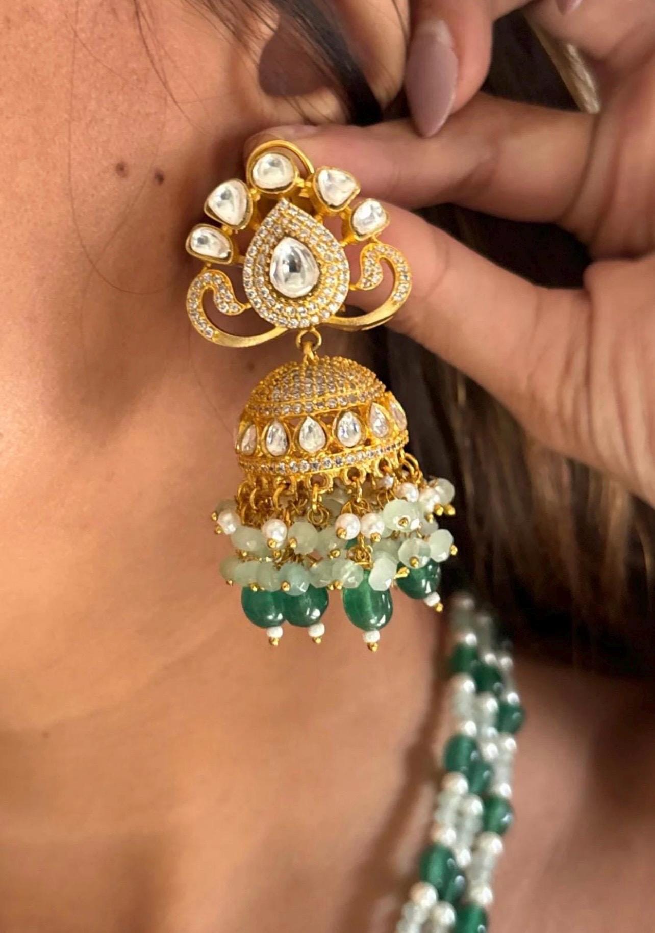 Sabyasachi Amrapali style Inspired Fine Quality Long Moissanite Faux Polki Mint Green Pearl Necklace/Pakistani Necklace/Wedding Jewelry set