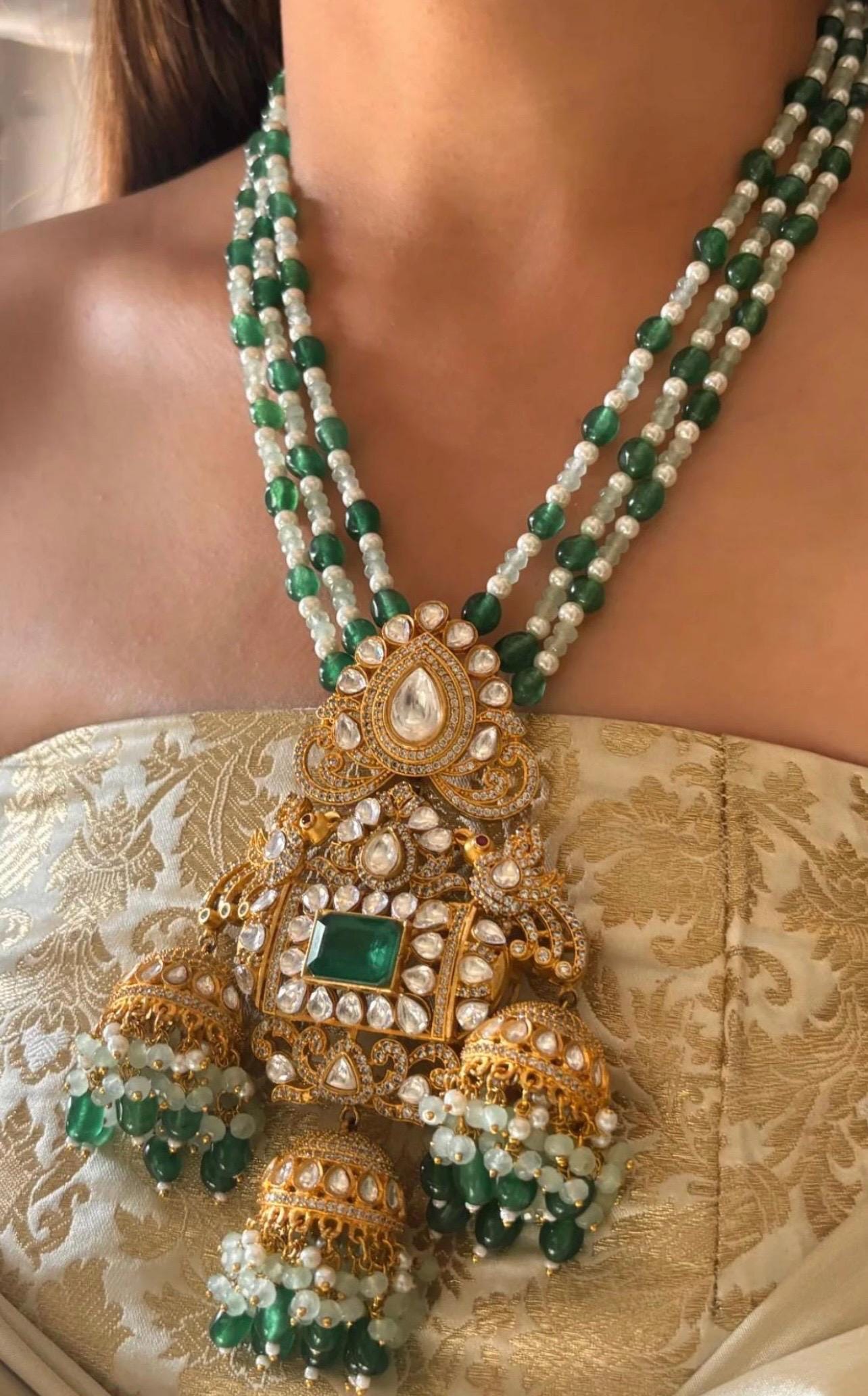 Sabyasachi Amrapali style Inspired Fine Quality Long Moissanite Faux Polki Mint Green Pearl Necklace/Pakistani Necklace/Wedding Jewelry set