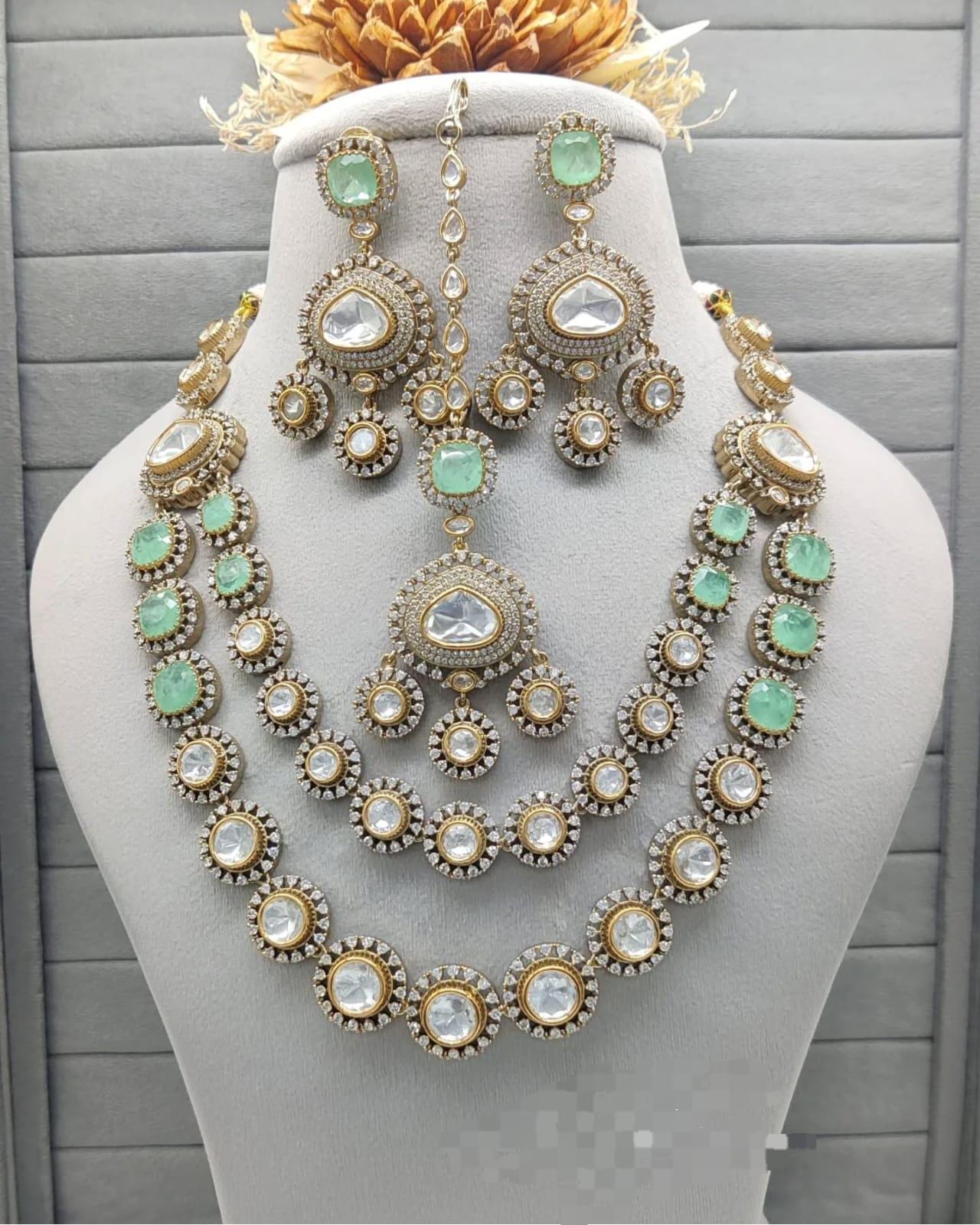 Real mossanite double layered doublets stones necklace set with earrings and tikka/ double layered ad necklace set