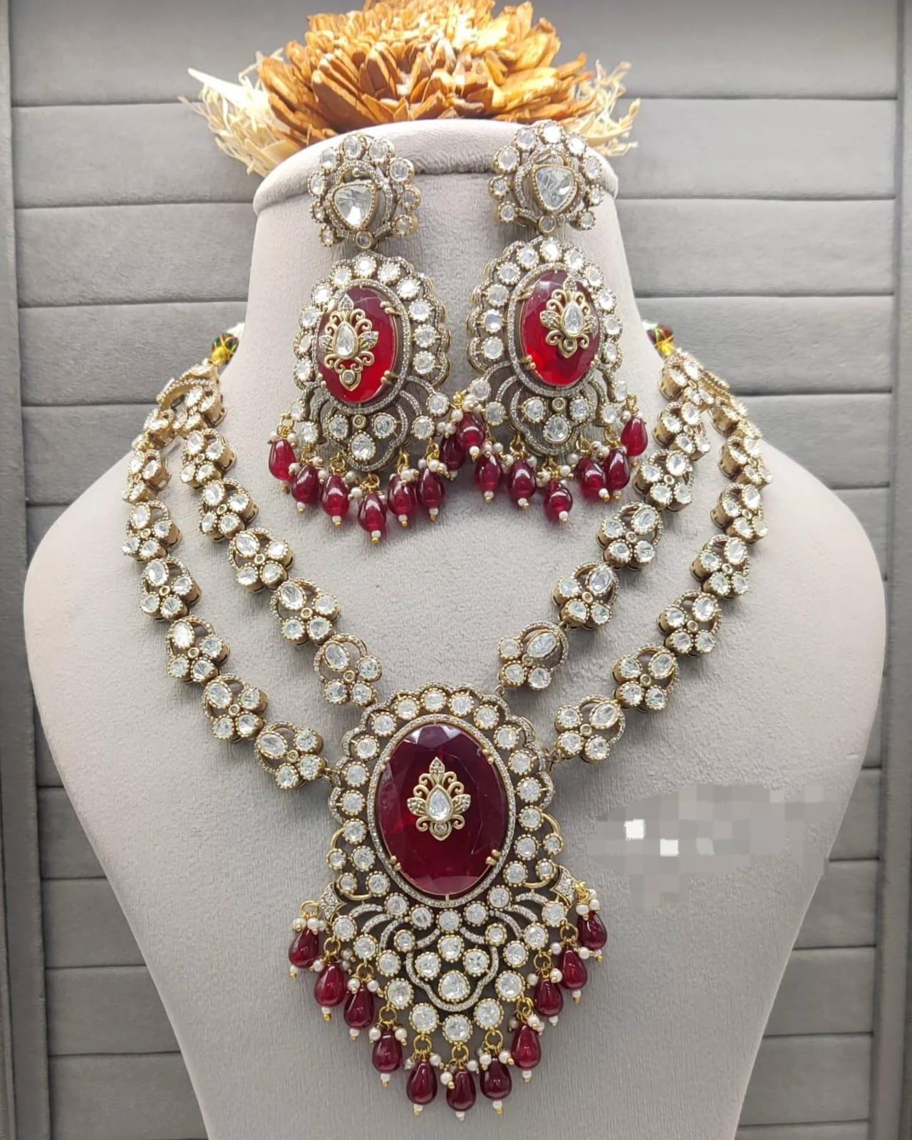 Real mossanite double layered doublets stones necklace set with earrings and tikka/ double layered ad necklace set