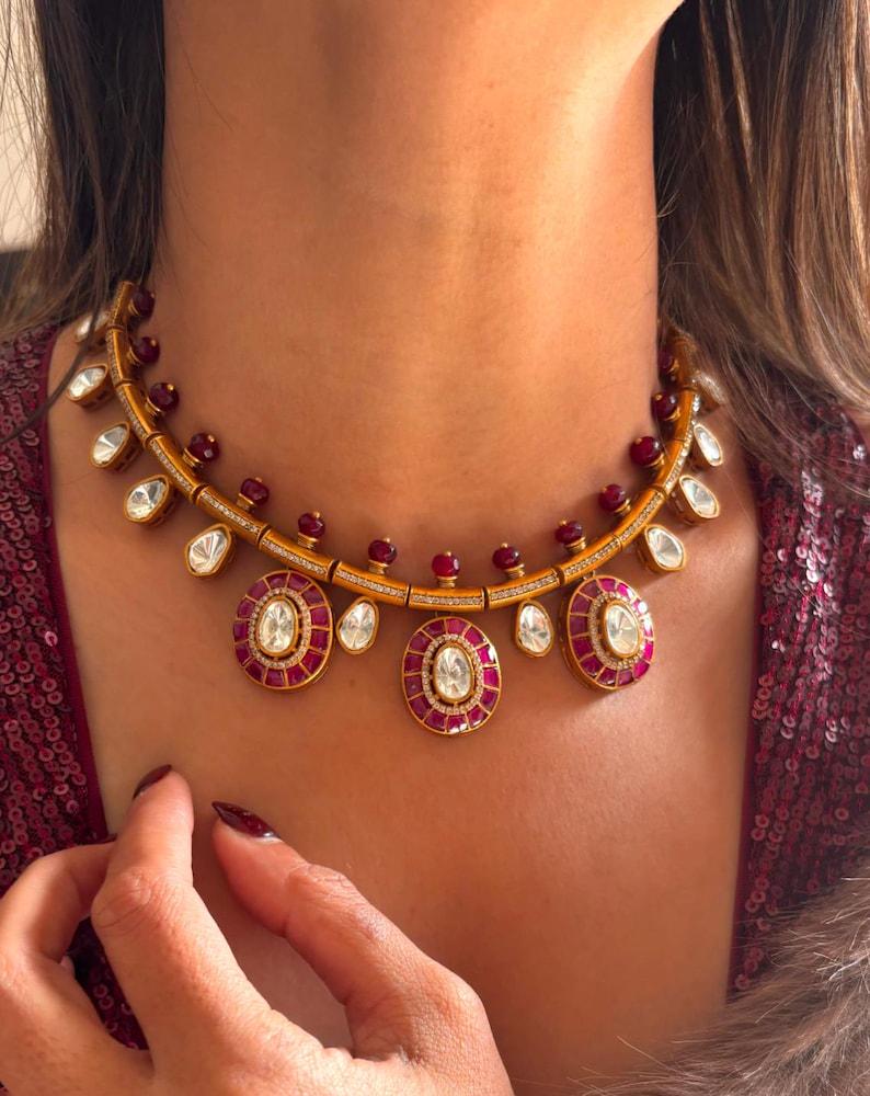 Ruby pink polki necklace earrings set hasli choker set indian jewellery mossinte necklace Sabyasachi jewellery