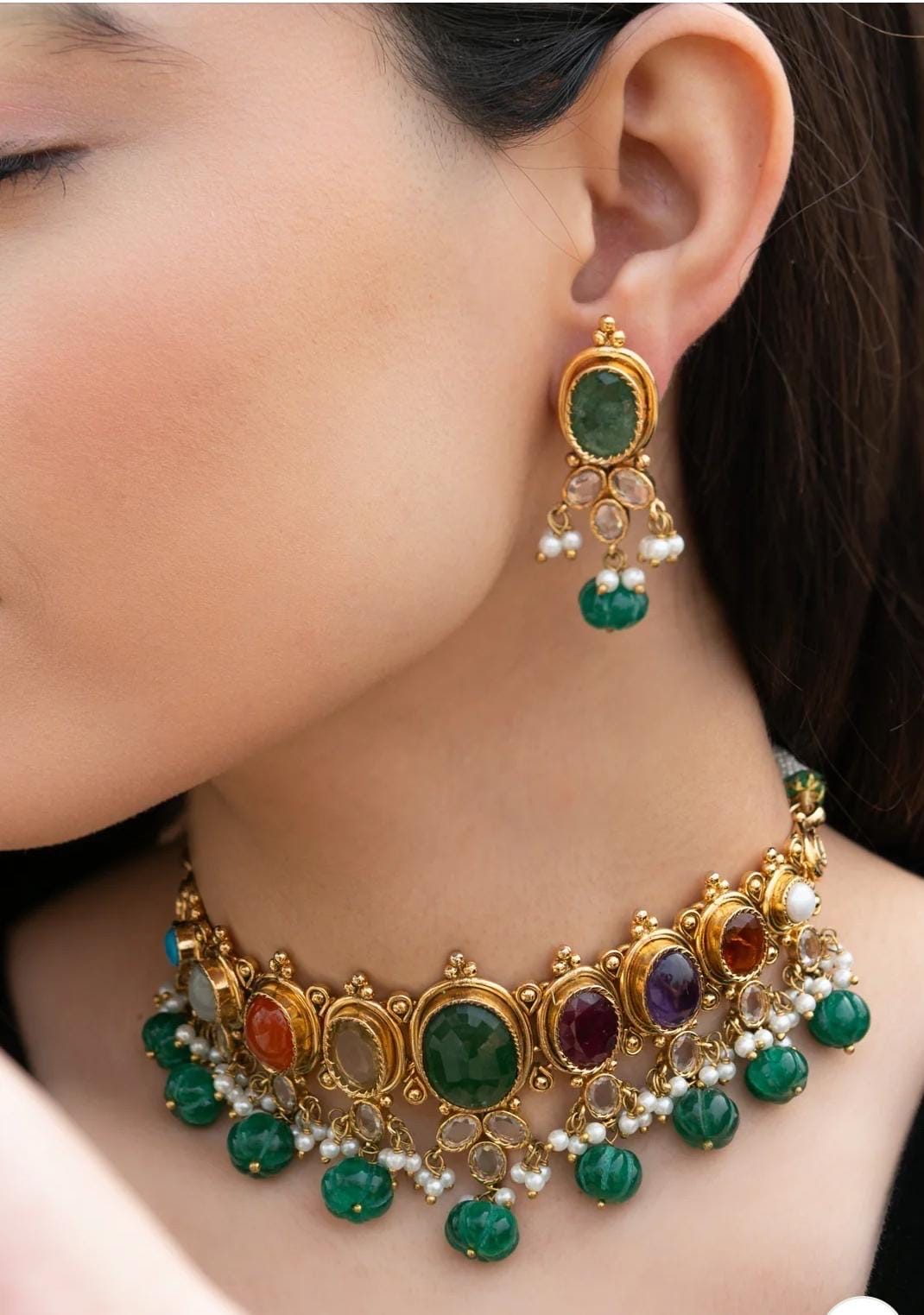 Sabyasachi inspired green/navratan Choker set with earrings/Indian Pakistani Necklace Set/Bridal jewelry/Statement necklace/Bollywood