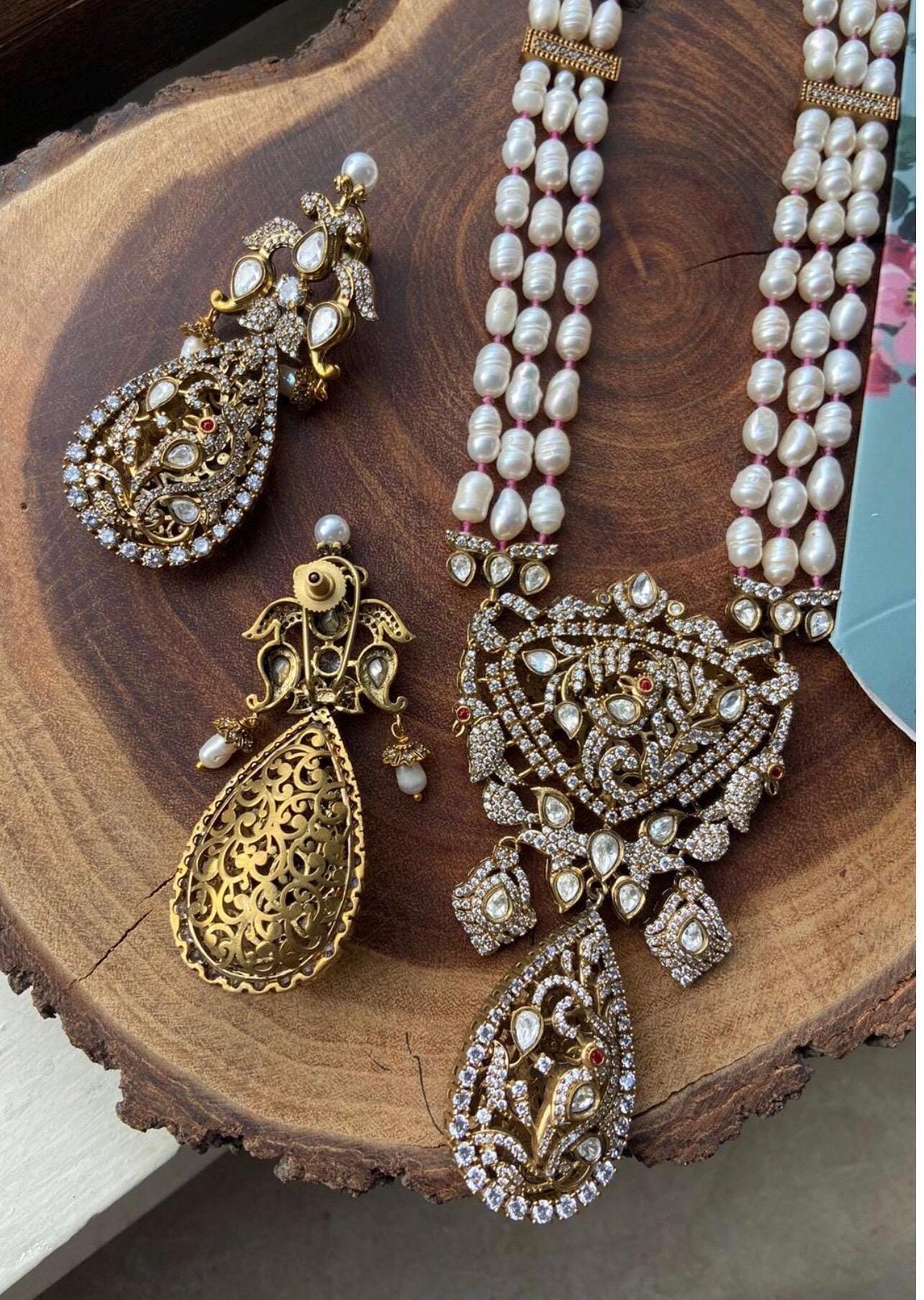 Premium Amrapali Jewelry Inspired Long Victorian Dual Tone Victorian Uncut Moissanite Polki kundan Fresh Water Pearl Necklace Set Punjabi