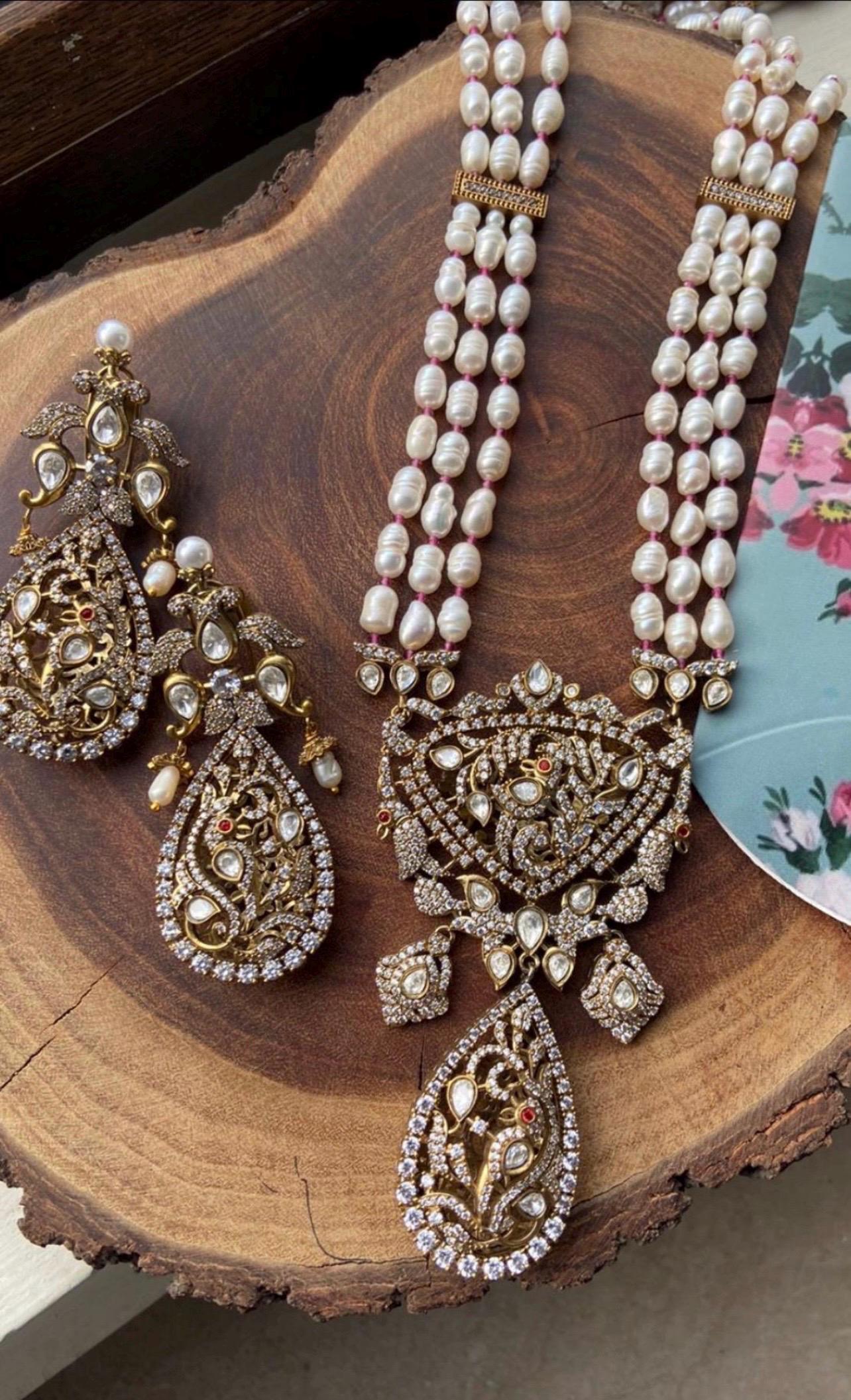 Premium Amrapali Jewelry Inspired Long Victorian Dual Tone Victorian Uncut Moissanite Polki kundan Fresh Water Pearl Necklace Set Punjabi