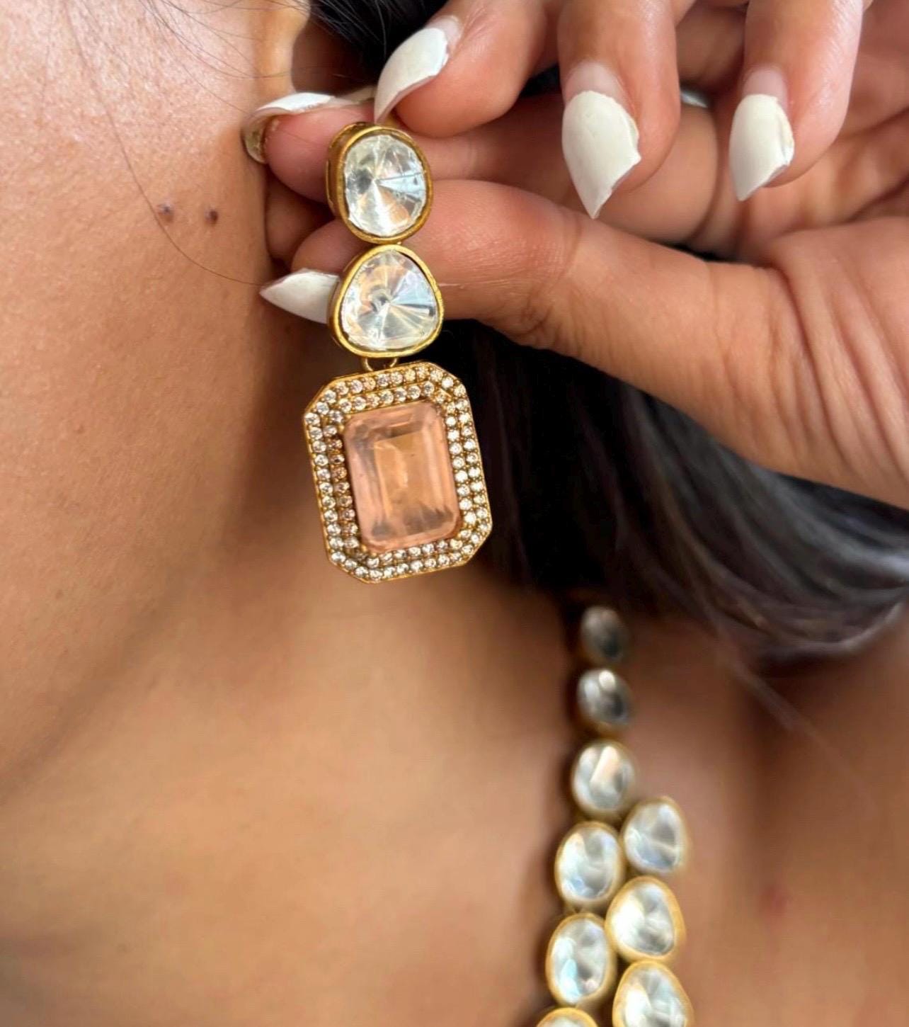 Peach orange Emerald Green Victorian Doublet Stone Moissanite Polki Wedding Jewelry Necklace Set with Earings,Statement Sabyasachi necklace