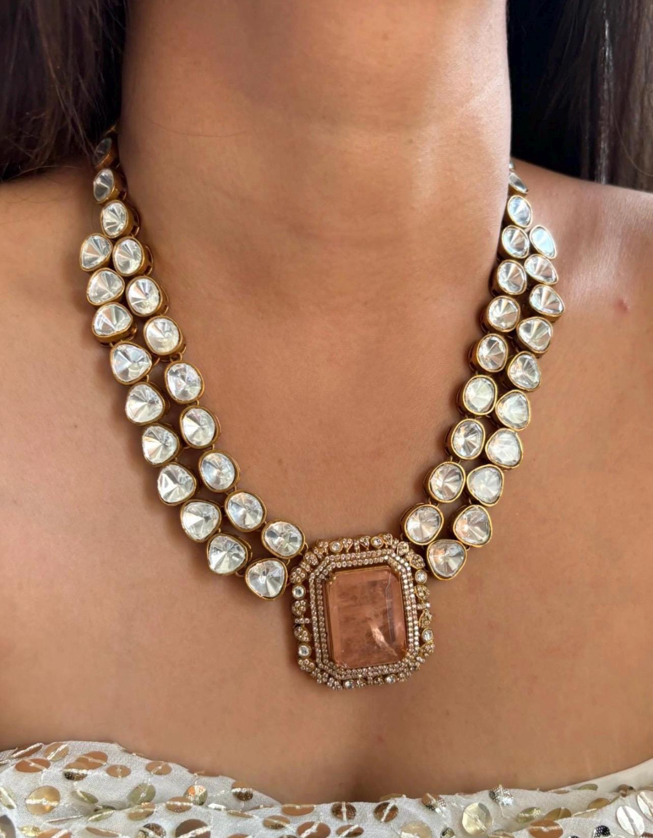 Peach orange Emerald Green Victorian Doublet Stone Moissanite Polki Wedding Jewelry Necklace Set with Earings,Statement Sabyasachi necklace