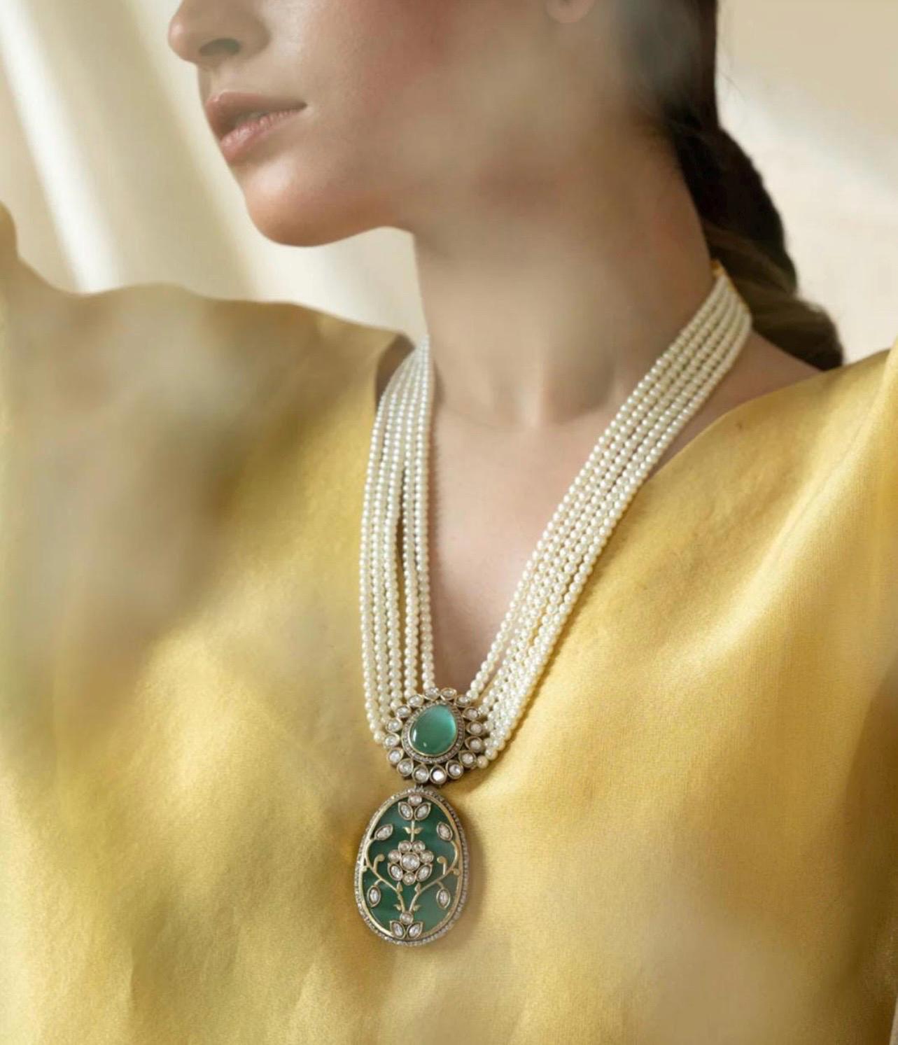 Premium Long Multilayered Victorian Mint Pearl White Pendant Necklace Set With statement Earrings Sabysachi Jewelry set