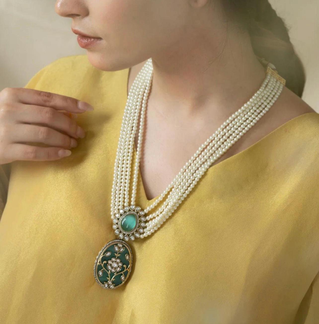 Premium Long Multilayered Victorian Mint Pearl White Pendant Necklace Set With statement Earrings Sabysachi Jewelry set