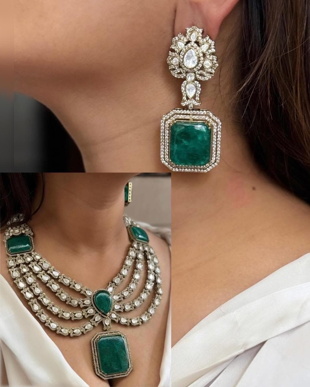 Premium Victorian multi Layered Uncut Moissanite Polki Kundan Emerald Green/Red Doublet Diamond Long Necklace Earrings,Sabyasachi Inspired