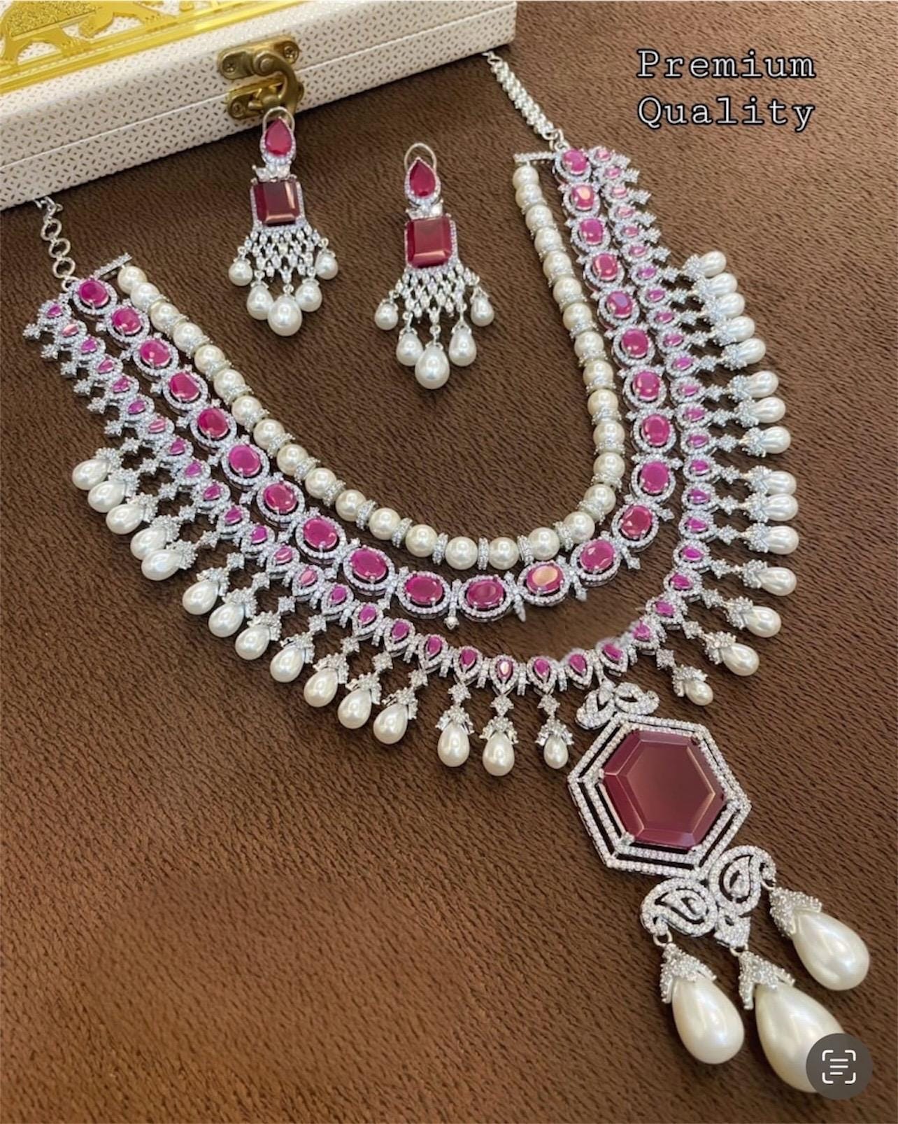 Onyx stones Pearls Emerald Green Ruby multi layered premium AAA CZ stones Necklace With Statement Earrings,Celebrity jewelry,Statement set