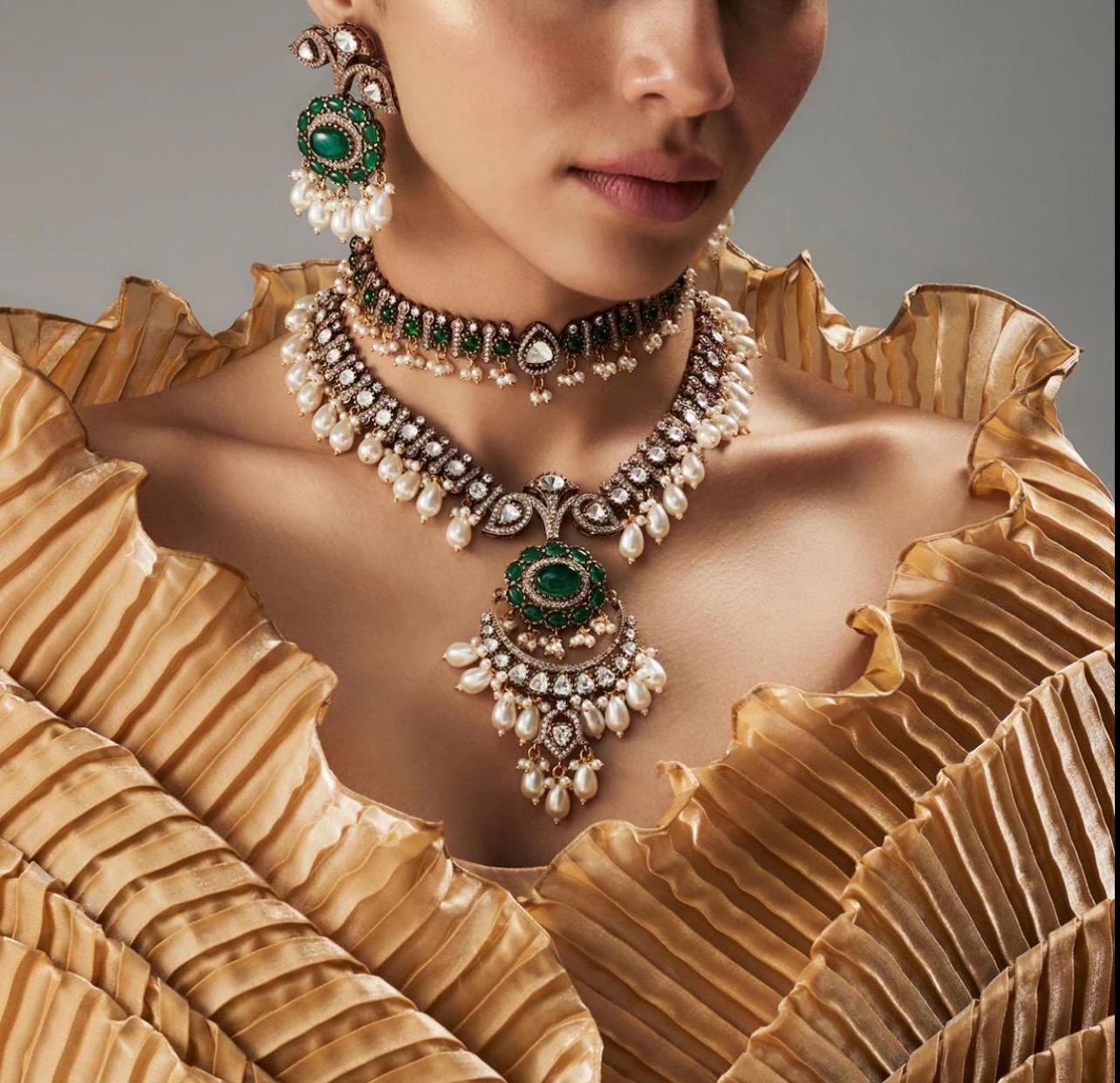 Premium Sabyasachi jewelry Inspired Victorian Moissanite Polki Kundan Zirconia Emerald & Ruby Set With Earrings/Amrapali Set/Antique Set