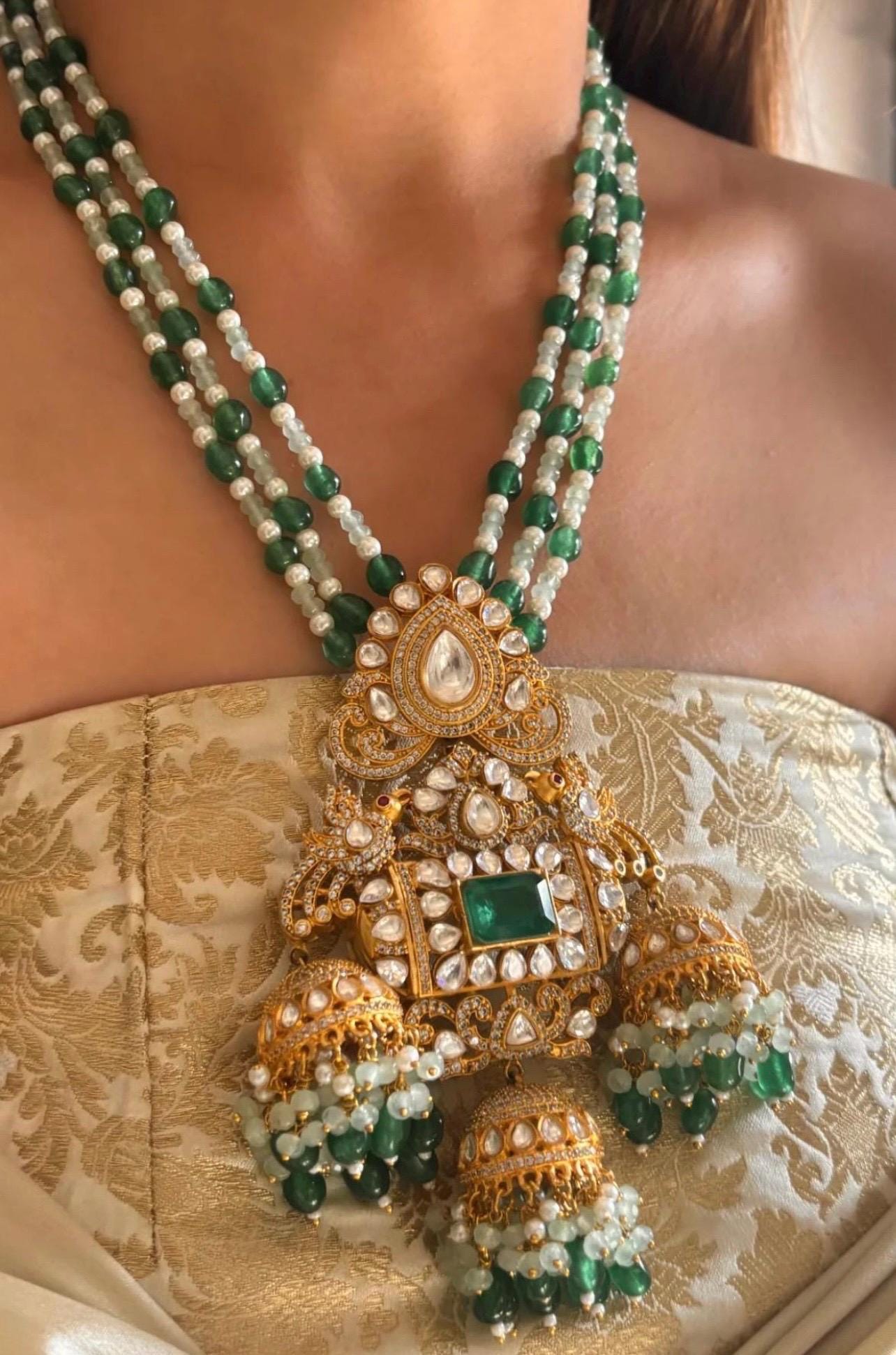 Sabyasachi Amrapali style Inspired Fine Quality Long Moissanite Faux Polki Mint Green Pearl Necklace/Pakistani Necklace/Wedding Jewelry set