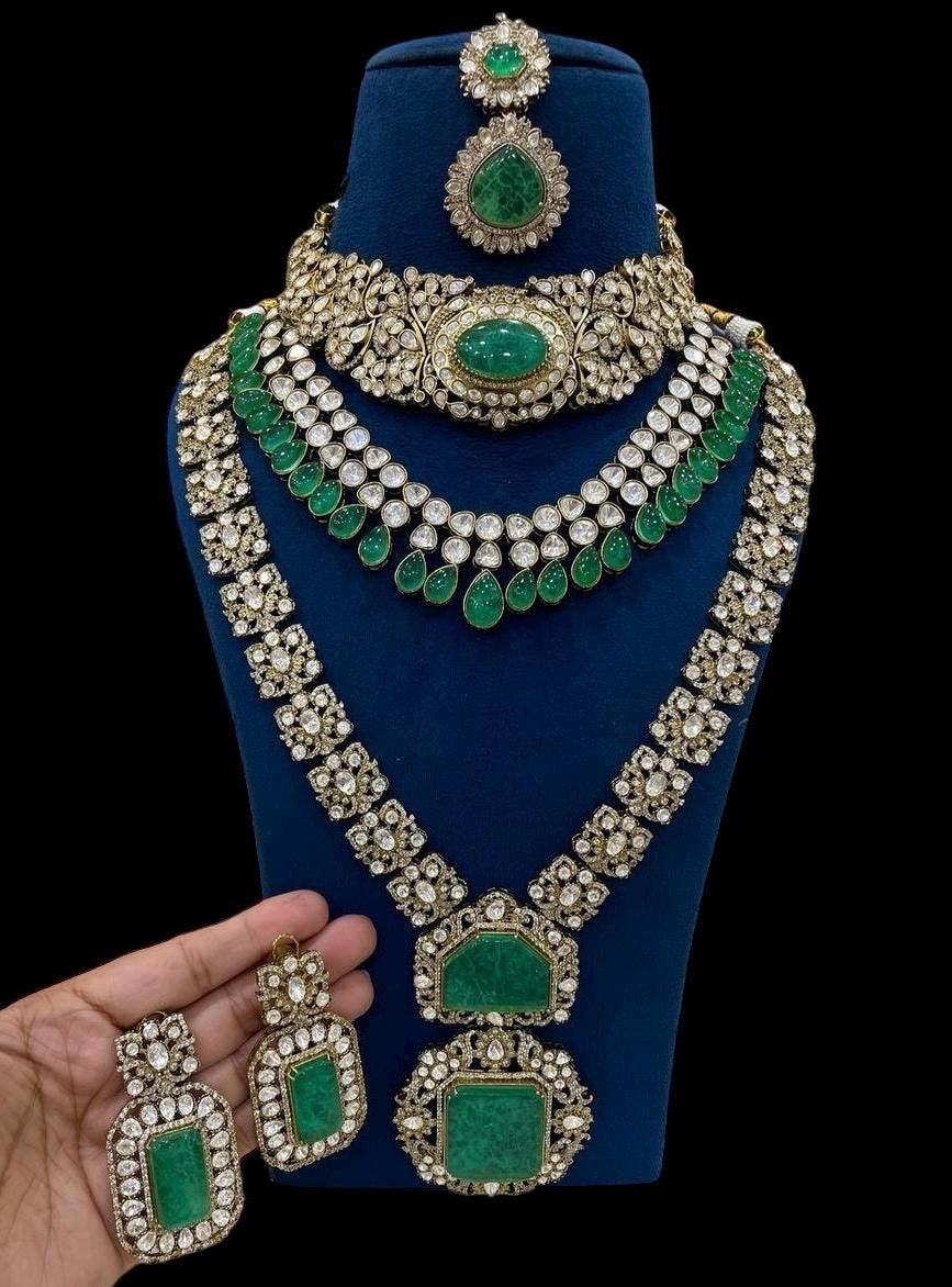 Grand bridal 3 layer Moissanite polki kundan necklace set with earrings and tikka/statement necklace/wedding jewelry/Indian Pakistani set
