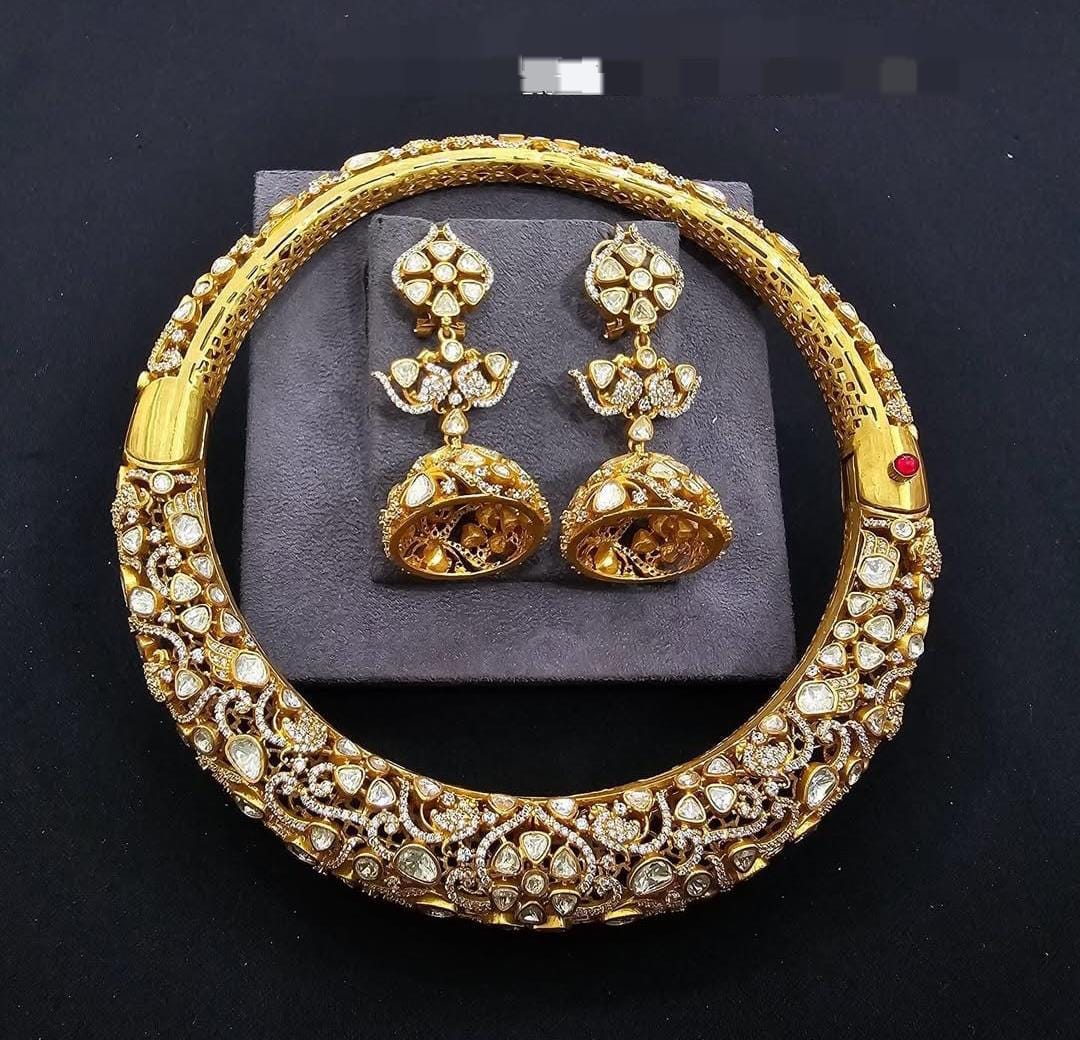 Real mossanite gold plated ad hassli necklace set with earrings/ premium hassli necklace set