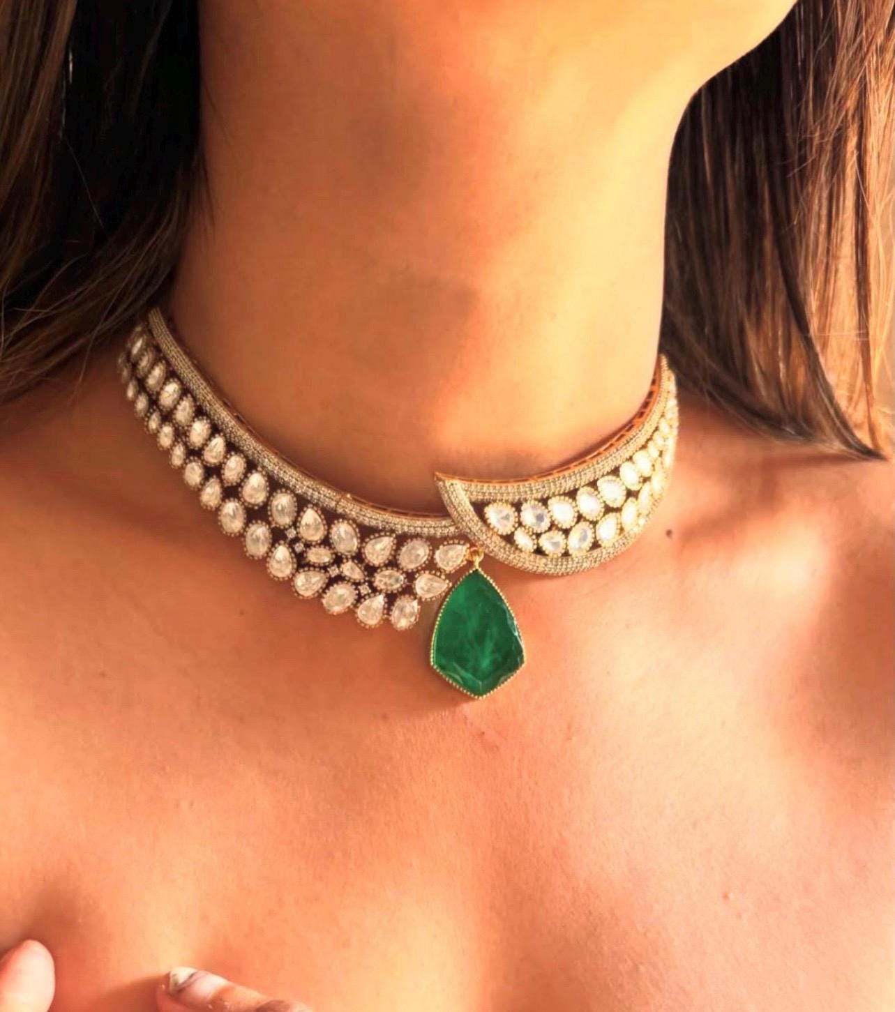 Polki choker Necklace Green Kundan Set Sabyasachi Jewelry Victorian Polki Diamond Necklace Jadau Jewelry Emerald Doublet Moissanite Jewelry