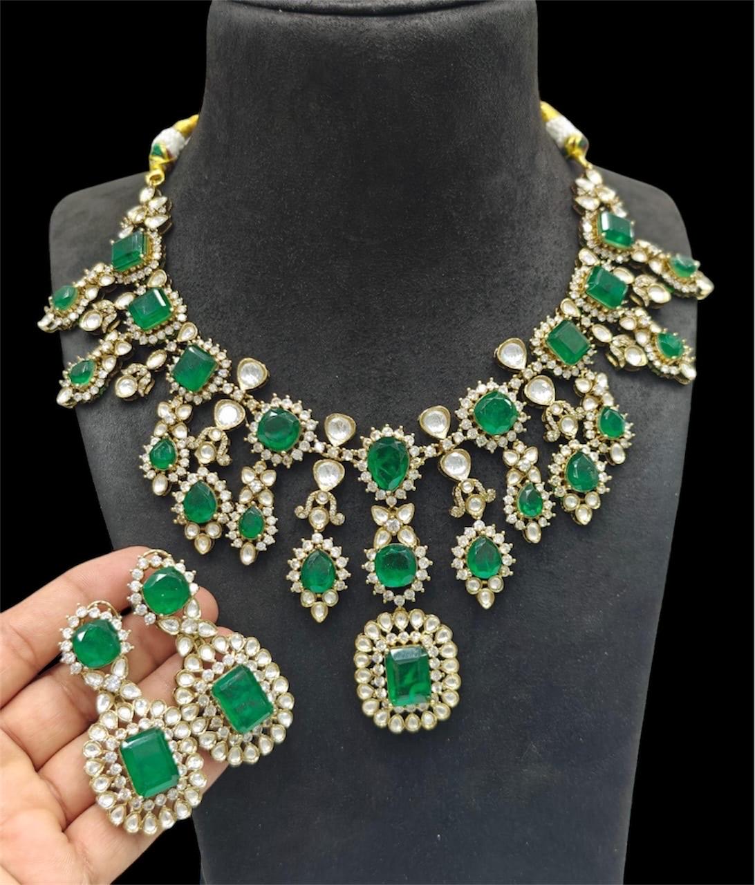 Sabyasachi Amrapali Jewelry Inspired Royal Victorian Gold Emerald Green Doublet Uncut Moissanite Faux Polki Kundan Zirconia Diamond Necklace