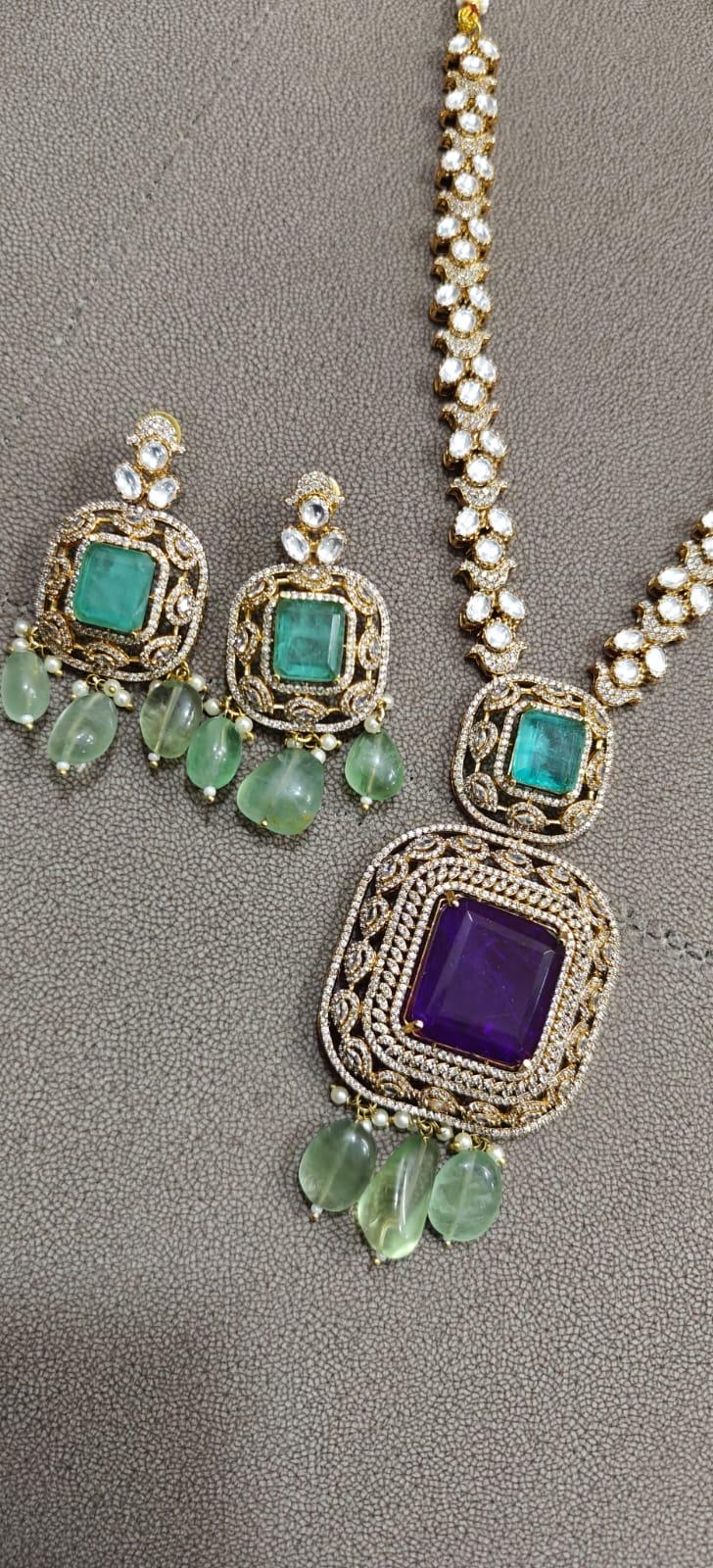 Royal Sabyasachi Inspired Purple Mint Turqoise Pendant Necklace With Earrings,Indian Pakistani Punjabi Wedding Jewelry Set/Statement Set