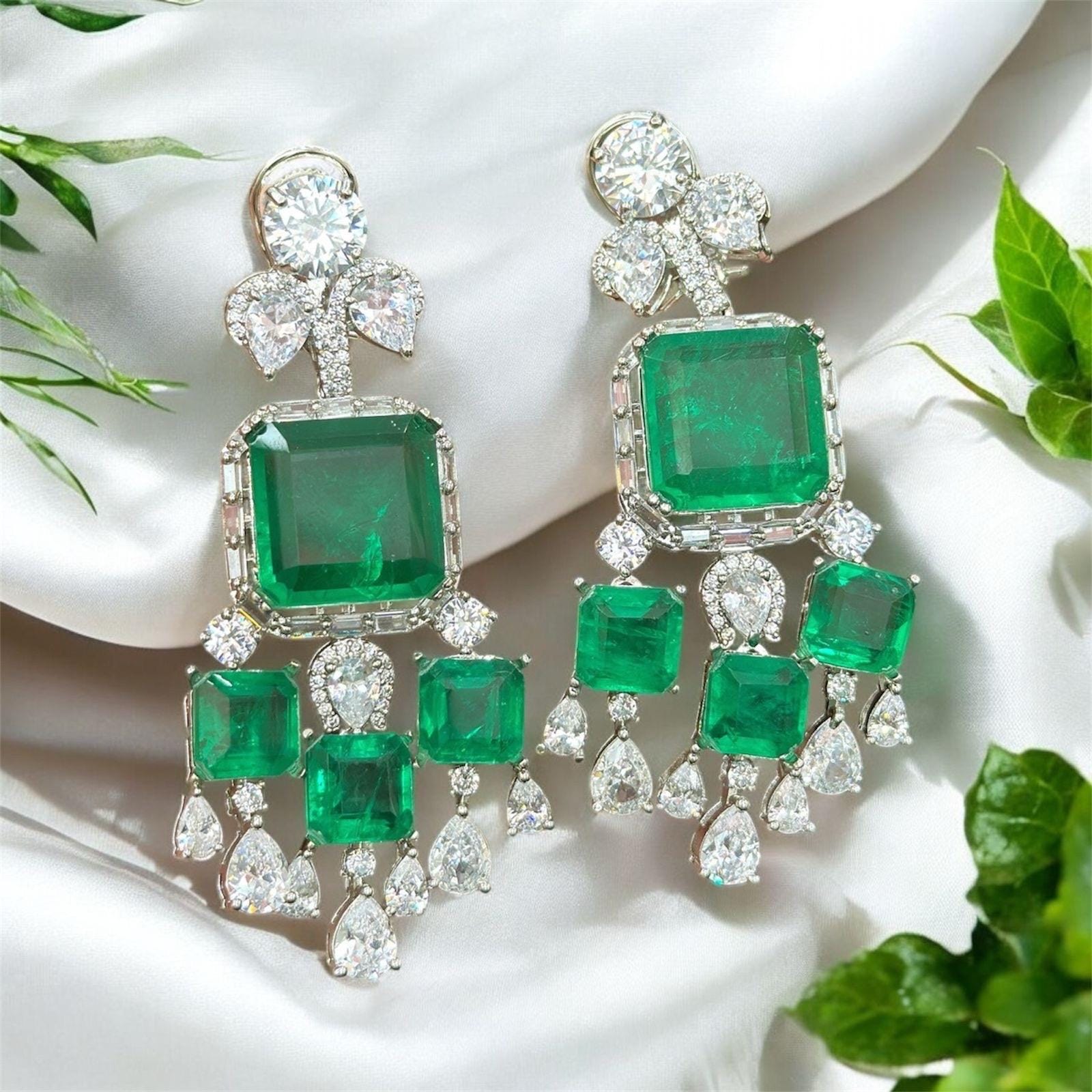 Nita Ambani inspired highest quality Emerald Green doublet premium AAA CZ stones Necklace With Statement Earrings,Celebrity set,Diamond set