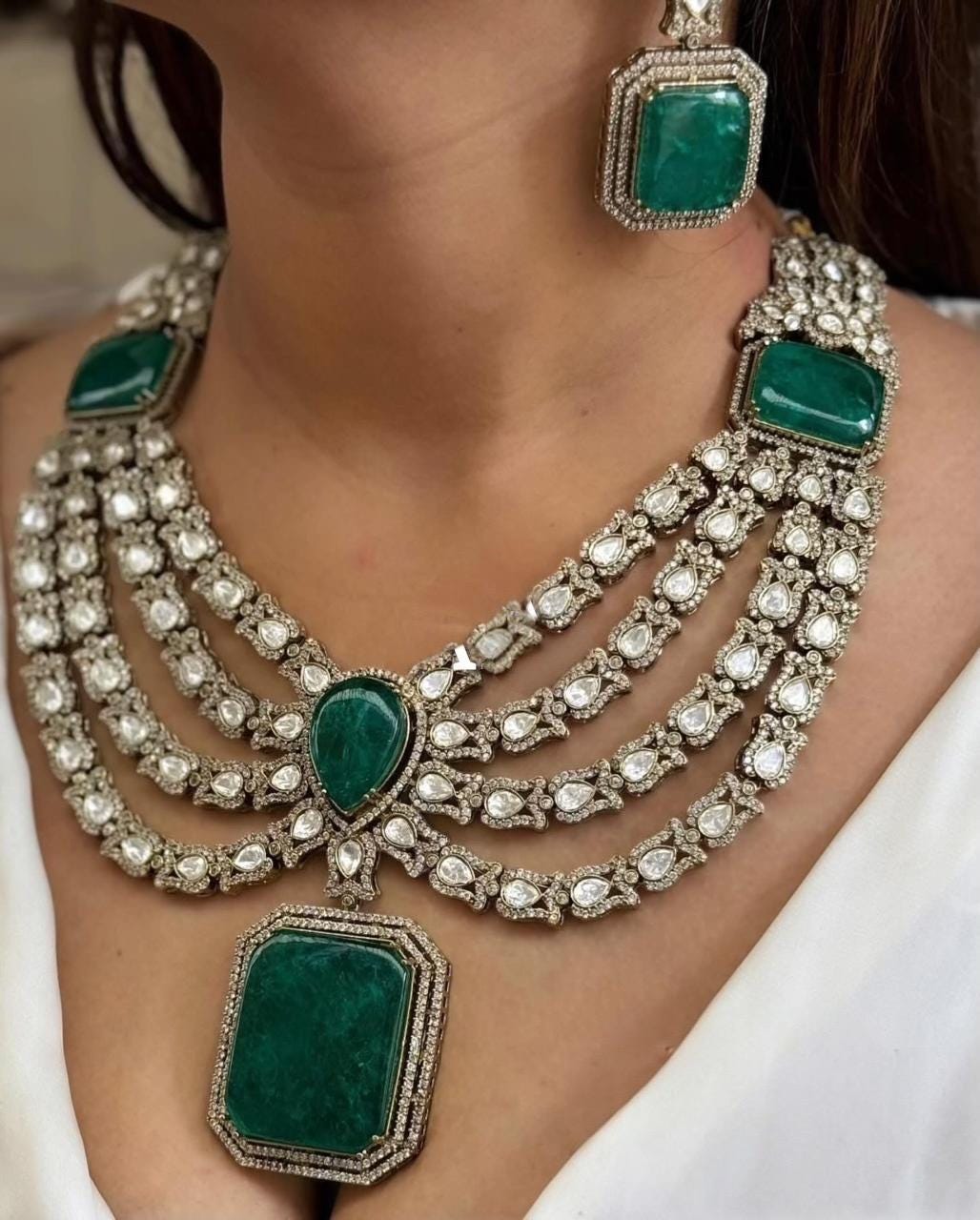 Premium Victorian multi Layered Uncut Moissanite Polki Kundan Emerald Green/Red Doublet Diamond Long Necklace Earrings,Sabyasachi Inspired